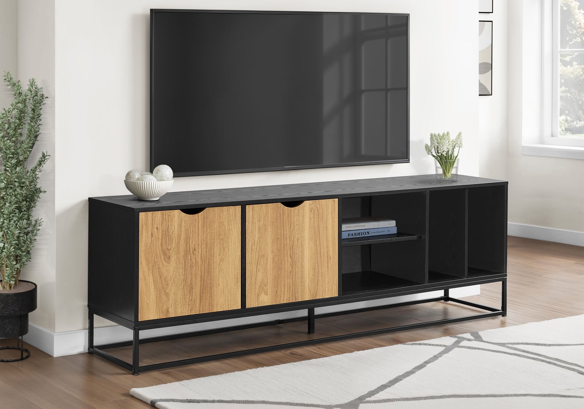 Tv Stand, 72 Inch, Console, Media Entertainment Center, Storage Cabinet, Living Room, Black Laminate, Black Metal, Modern, Contemporary