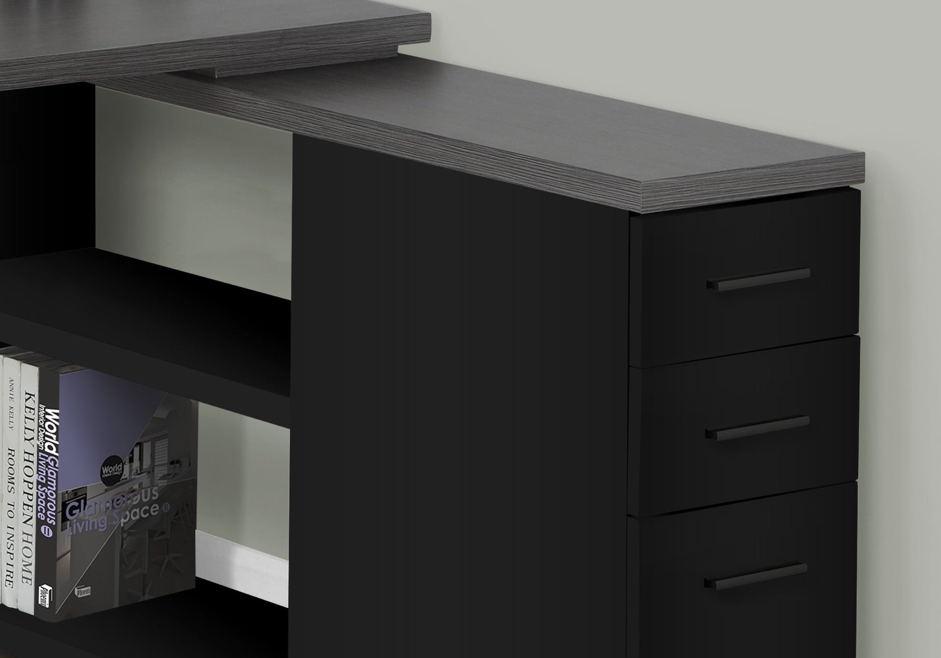 Computer Desk, Home Office, Corner, Left, Right Set-up, Storage Drawers, L Shape, Work, Laptop, Black And Grey Laminate, Black Metal, Contemporary, Modern