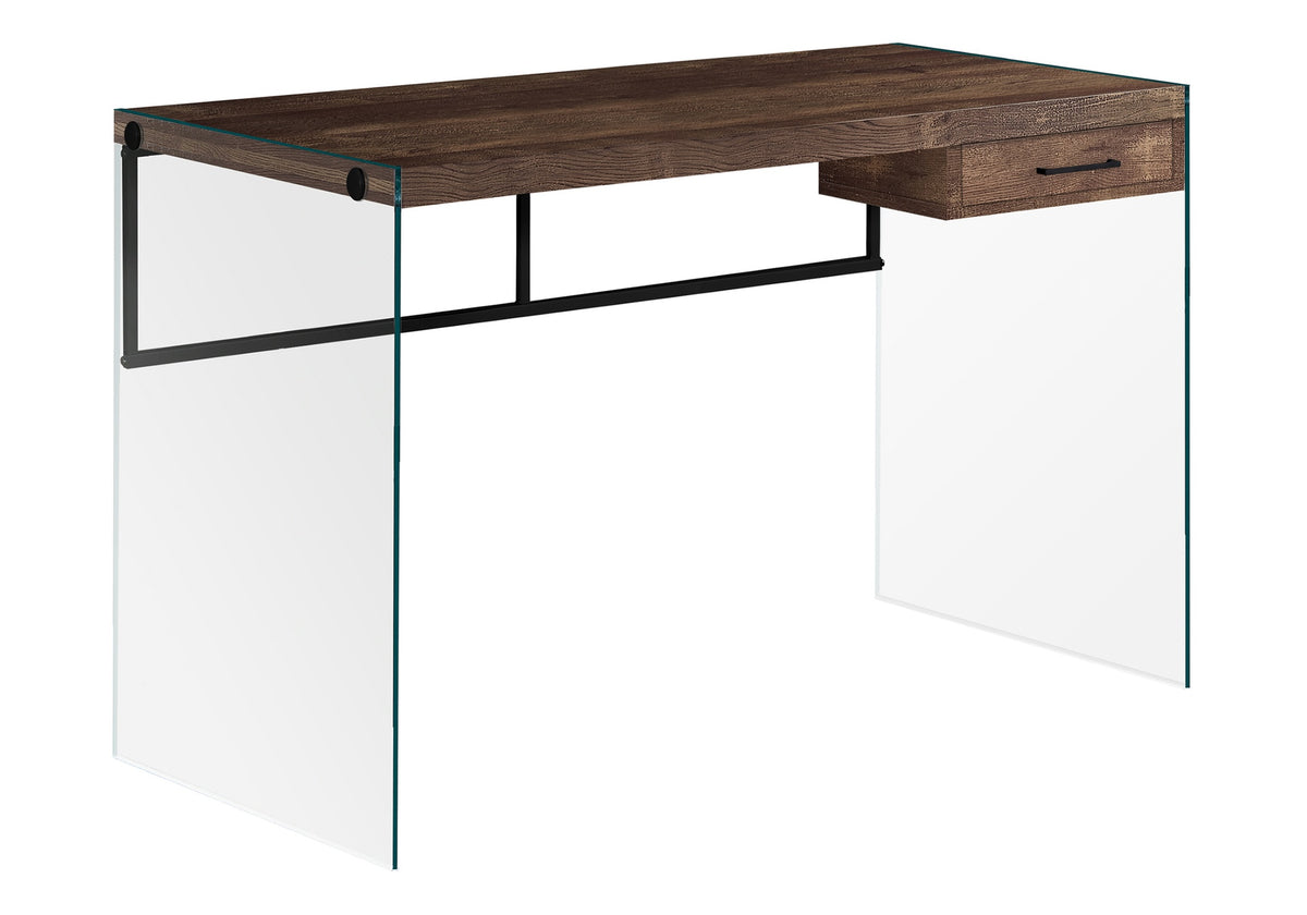 Computer Desk, Home Office, Laptop, Storage Drawers, 48"l, Work, Brown Laminate, Clear Tempered Glass, Contemporary, Modern