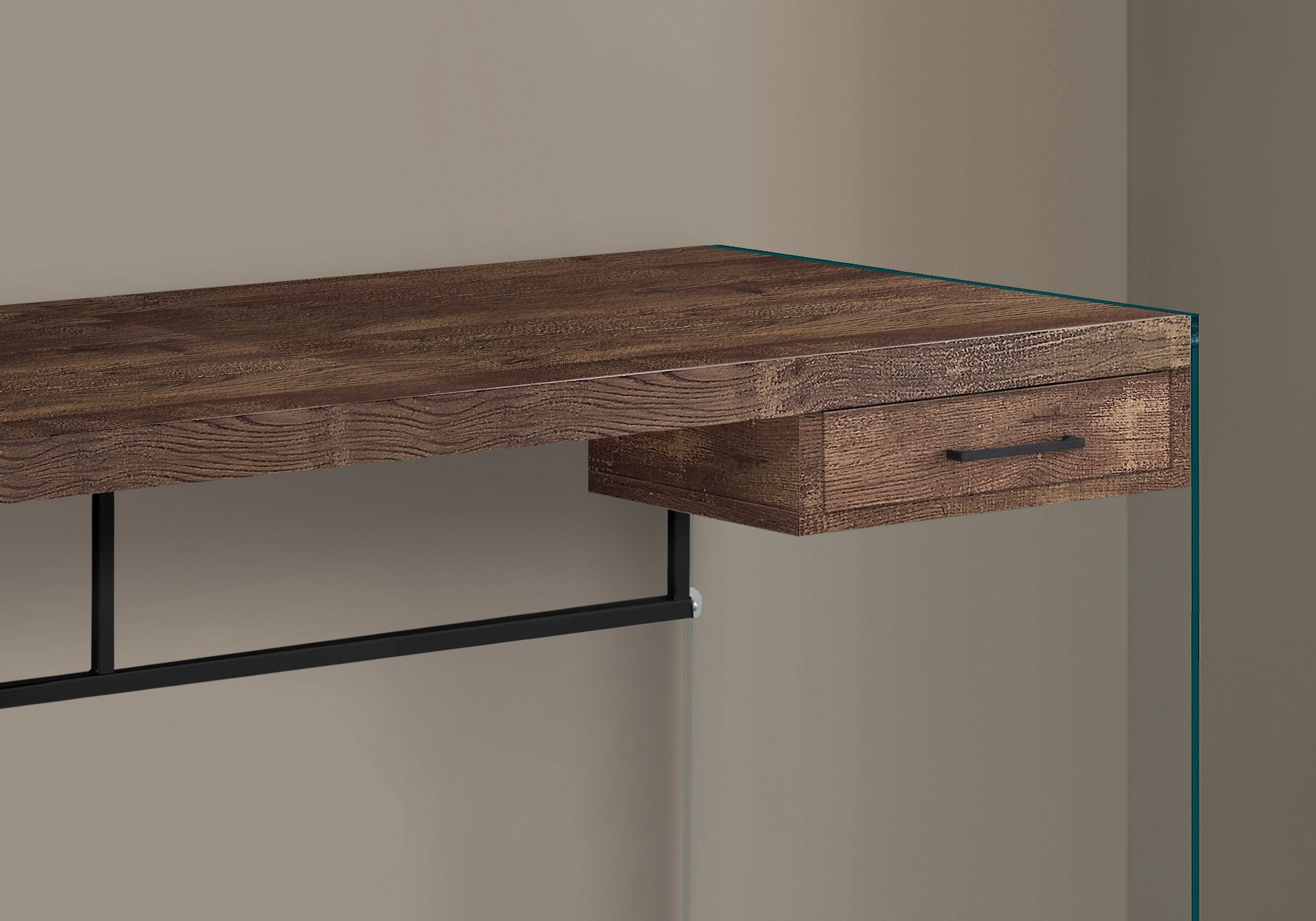 Computer Desk, Home Office, Laptop, Storage Drawers, 48"l, Work, Brown Laminate, Clear Tempered Glass, Contemporary, Modern