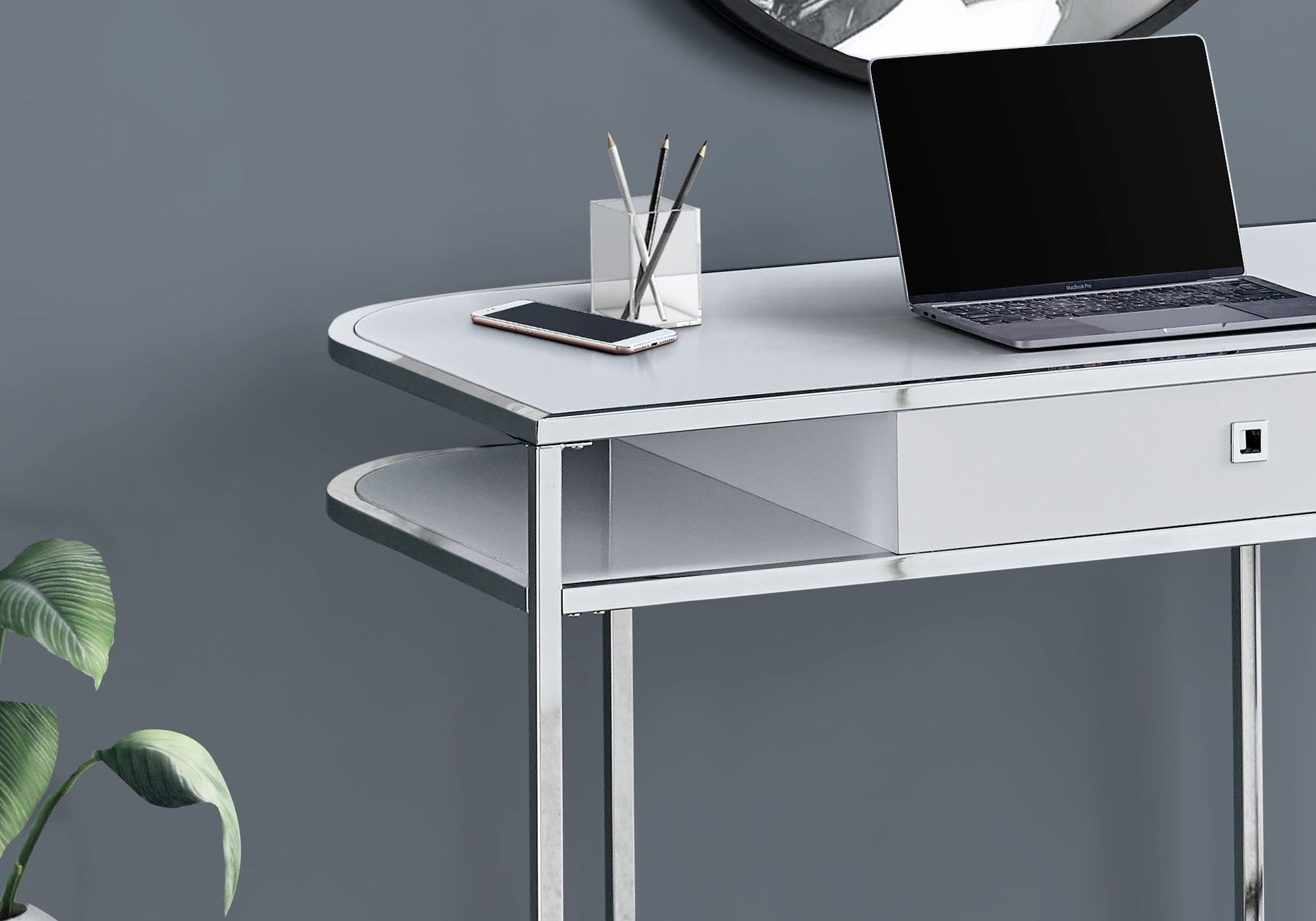Computer Desk, Home Office, Laptop, Storage Drawers, 48"l, Work, White Laminate, Chrome Metal, Contemporary, Modern