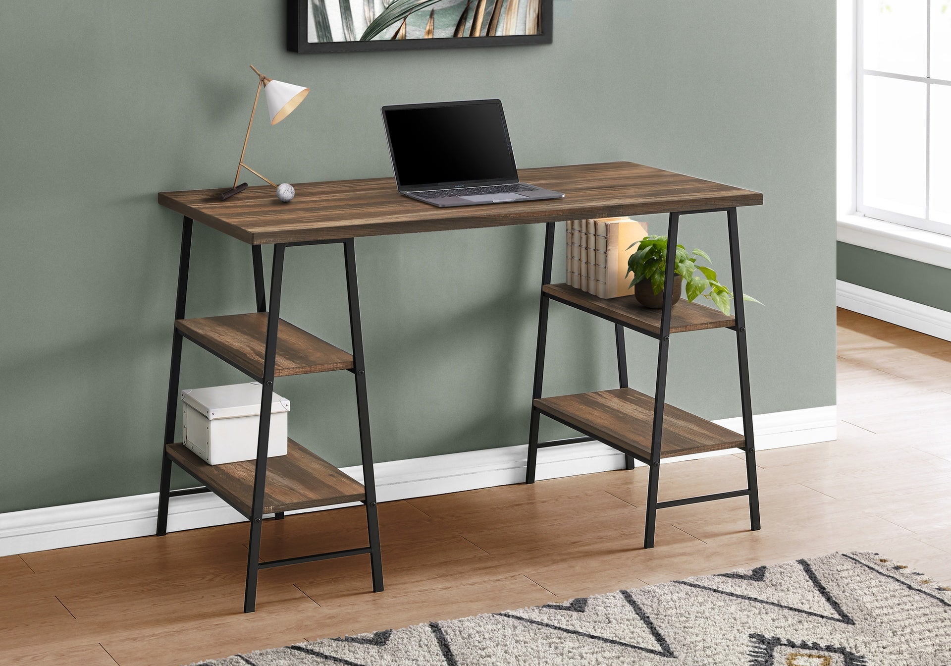 Computer Desk, Home Office, Laptop, Storage Shelves, 48"l, Work, Brown Laminate, Black Metal, Contemporary, Modern