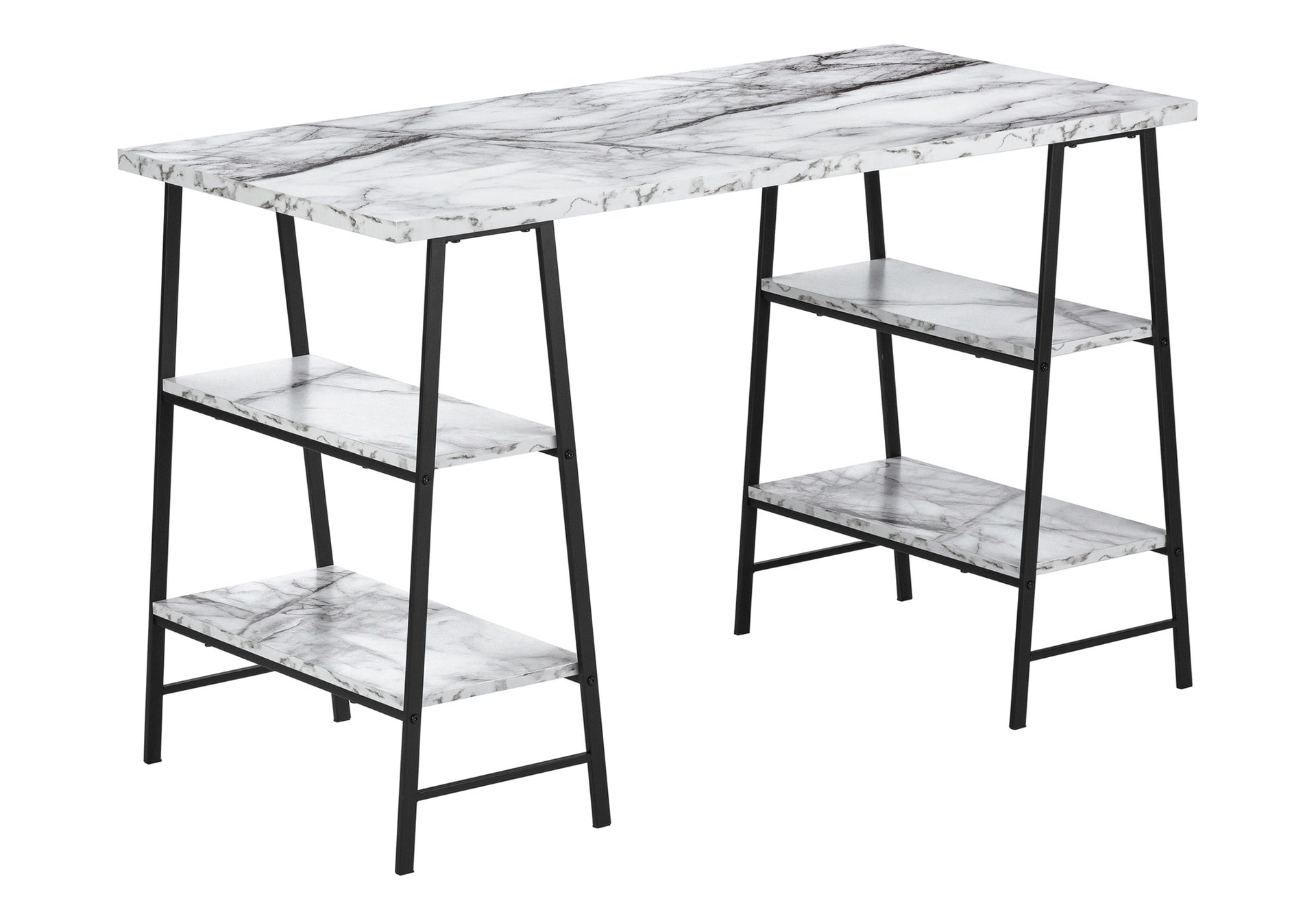 Computer Desk, Home Office, Laptop, Storage Shelves, 48"l, Work, White Marble Look Laminate, Black Metal, Contemporary, Modern