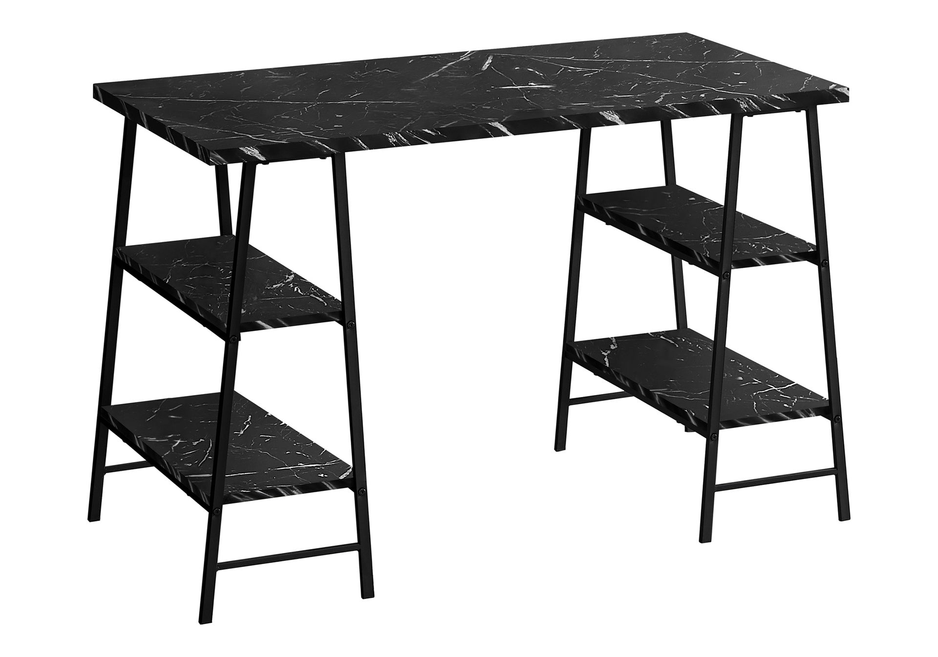 Computer Desk, Home Office, Laptop, Storage Shelves, 48"l, Work, Black Marble Look Laminate, Black Metal, Contemporary, Modern
