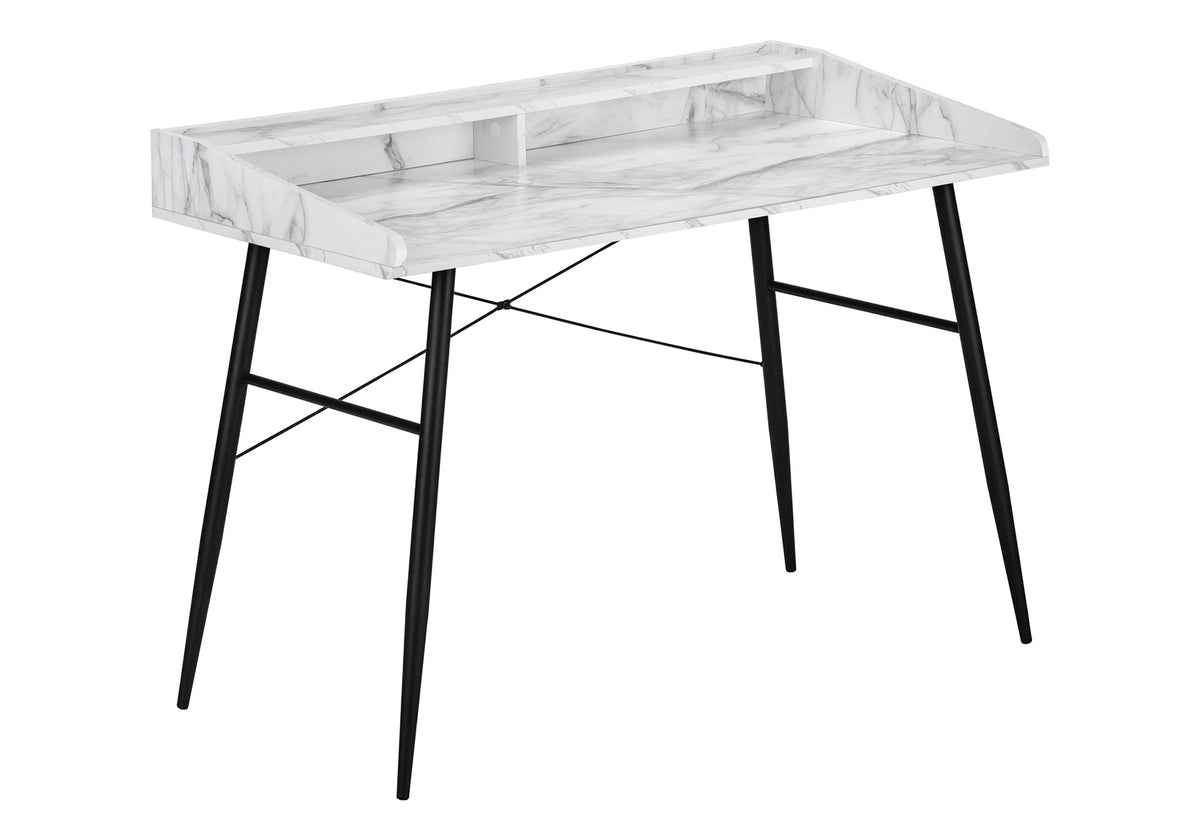 Computer Desk, Home Office, Laptop, Storage Shelves, 48"l, Work, White Marble Look Laminate, Black Metal, Contemporary, Modern