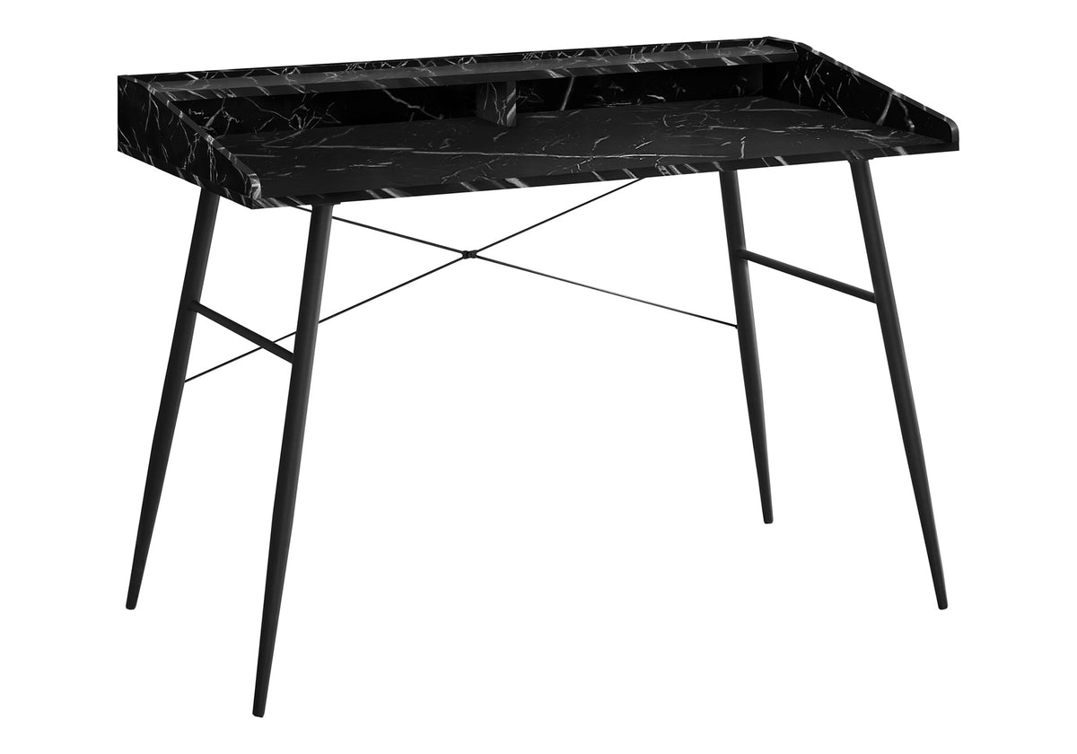 Computer Desk, Home Office, Laptop, Storage Shelves, 48"l, Work, Black Marble Look Laminate, Black Metal, Contemporary, Modern