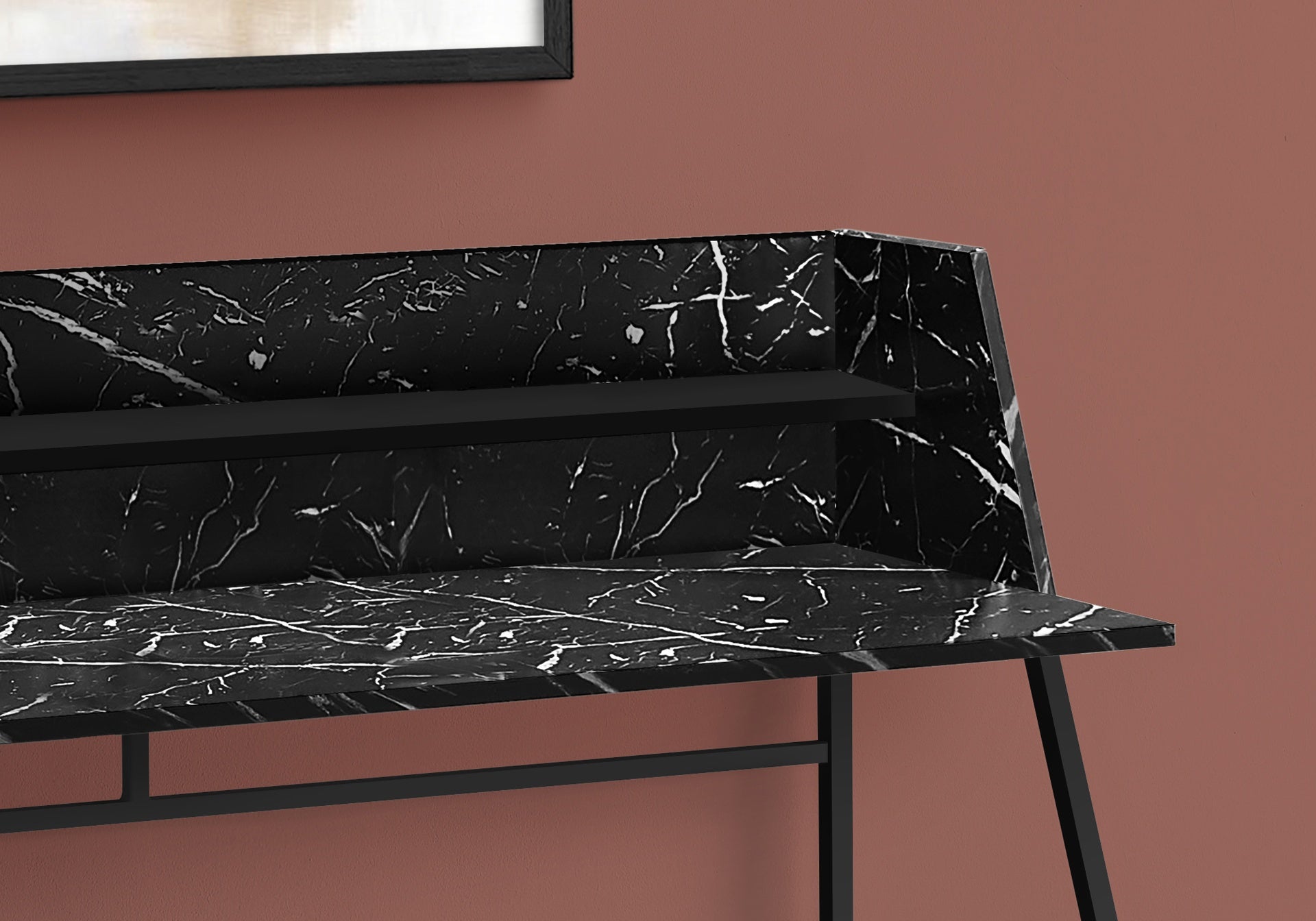 Computer Desk, Home Office, Laptop, Storage Shelves, 48"l, Work, Black Marble Look Laminate, Black Metal, Contemporary, Modern