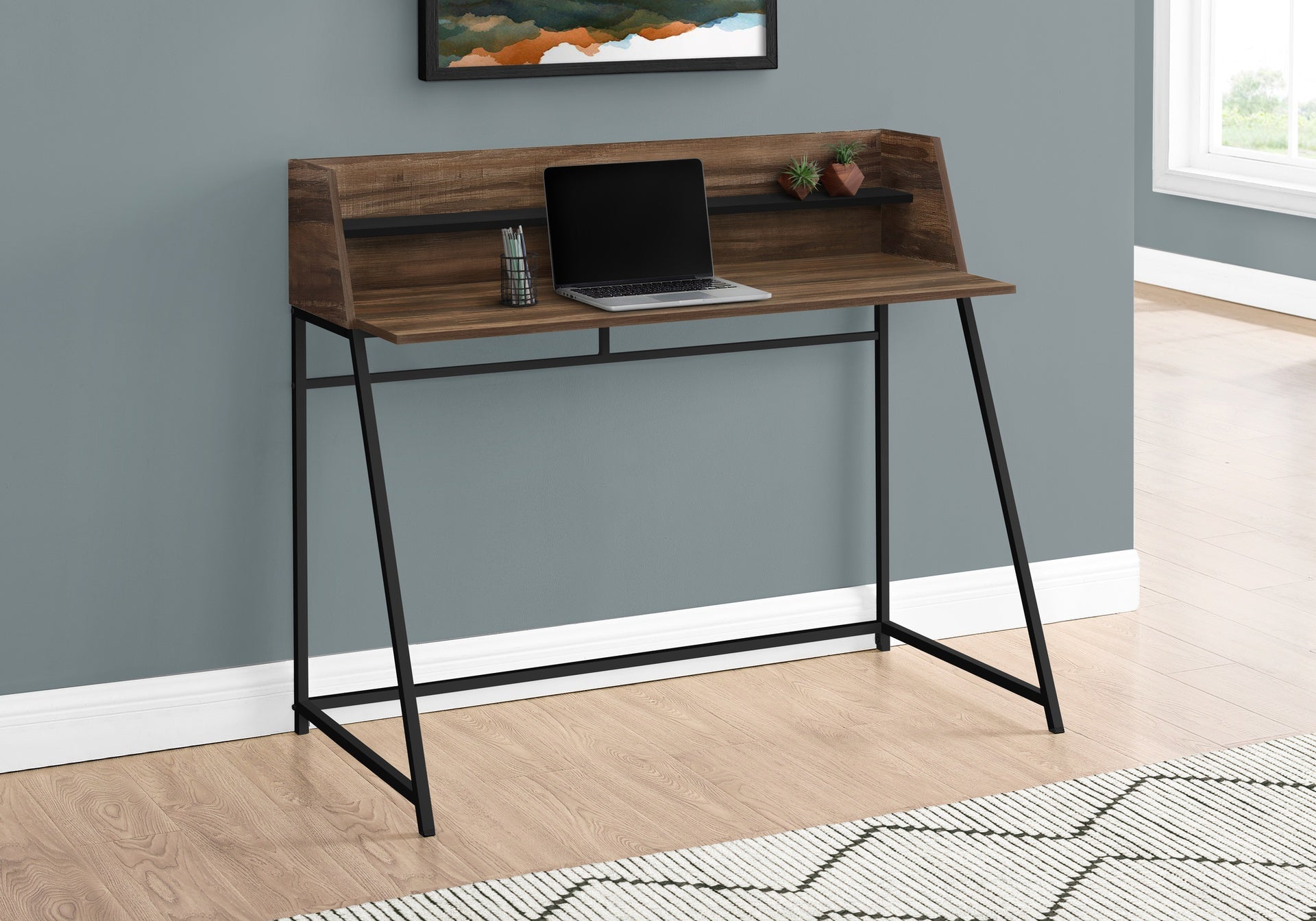 Computer Desk, Home Office, Laptop, Storage Shelves, 48"l, Work, Brown Laminate, Black Metal, Contemporary, Modern