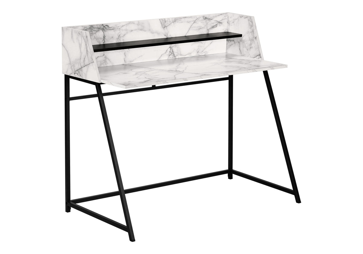 Computer Desk, Home Office, Laptop, Storage Shelves, 48"l, Work, White Marble Look Laminate, Black Metal, Contemporary, Modern