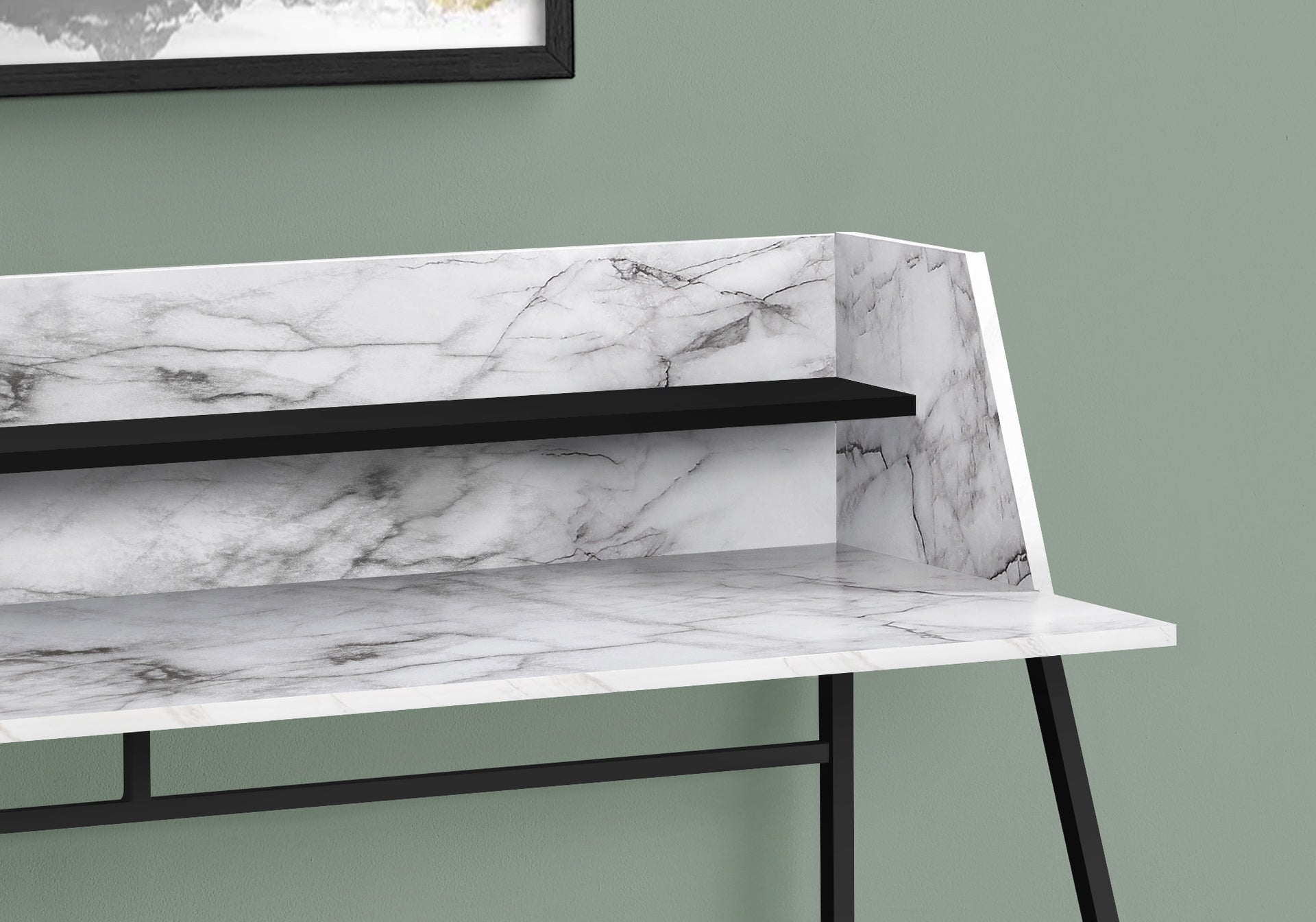 Computer Desk, Home Office, Laptop, Storage Shelves, 48"l, Work, White Marble Look Laminate, Black Metal, Contemporary, Modern