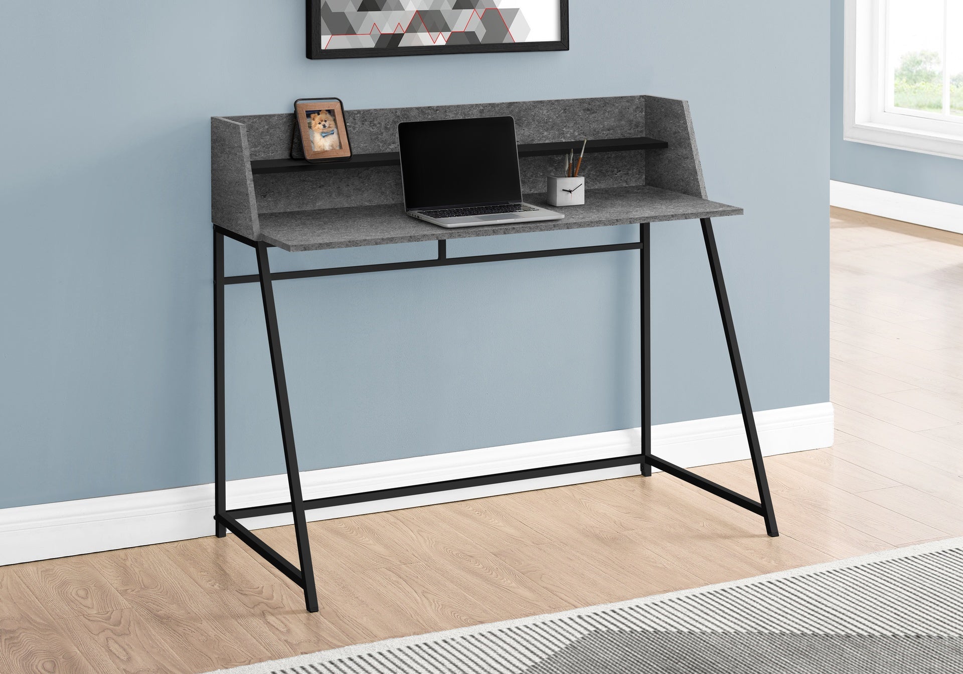 Computer Desk, Home Office, Laptop, Storage Shelves, 48"l, Work, Grey Stone Look Laminate, Black Metal, Contemporary, Modern