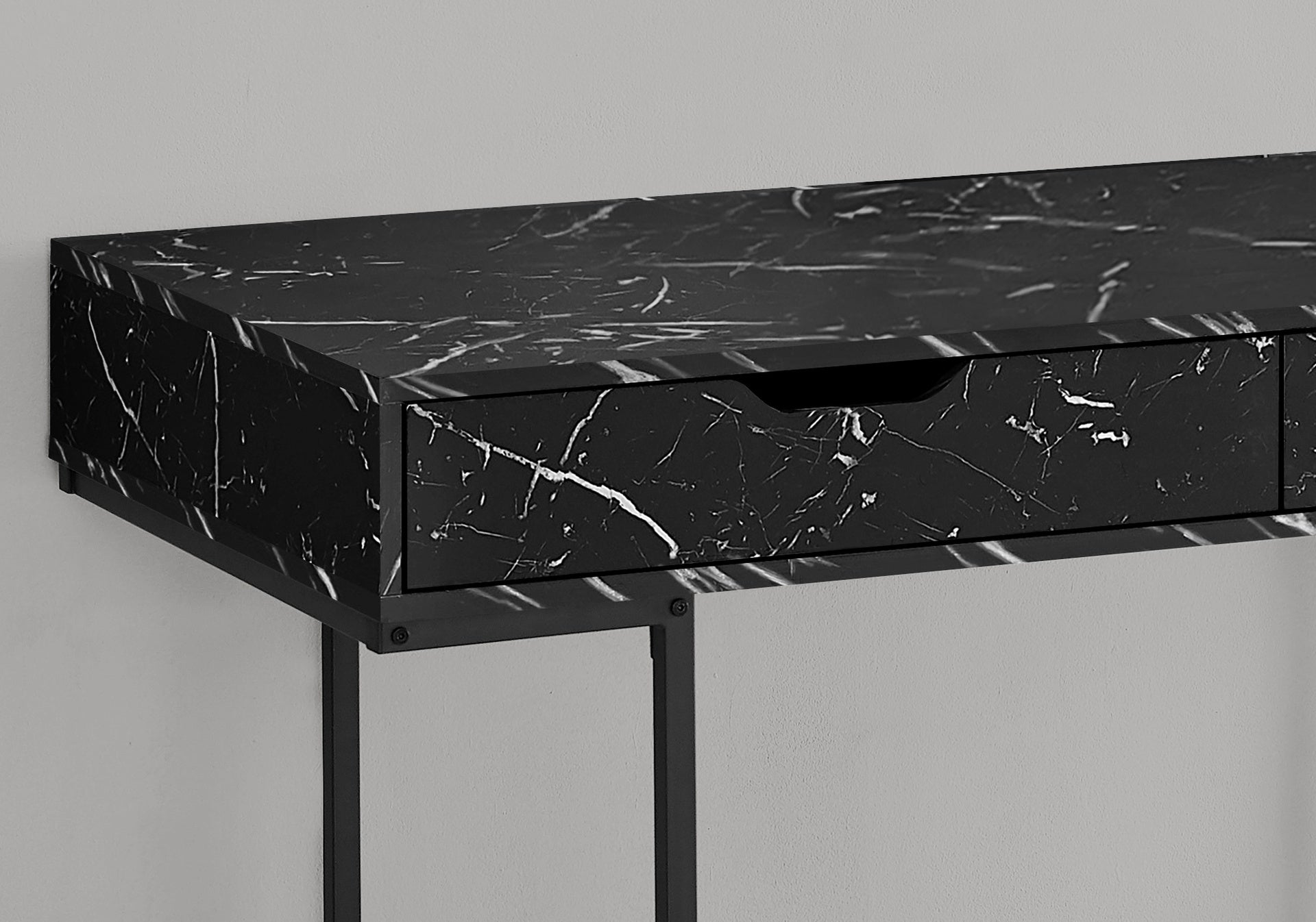 Computer Desk, Home Office, Laptop, Storage Drawers, 48"l, Work, Black Marble Look Laminate, Black Metal, Contemporary, Modern