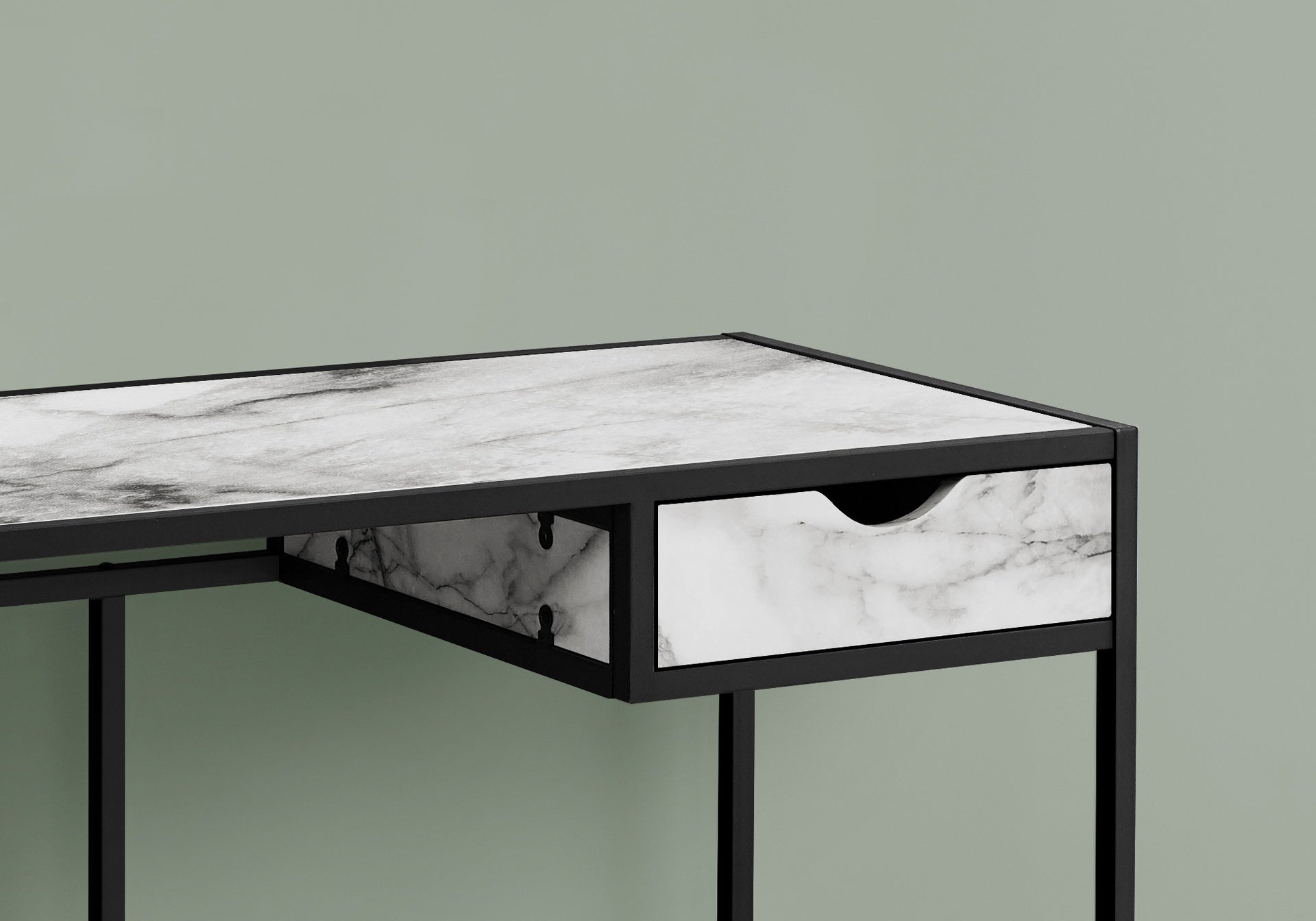 Computer Desk, Home Office, Laptop, Storage Drawer, 42"l, Work, White Marble Look Laminate, Black Metal, Contemporary, Modern