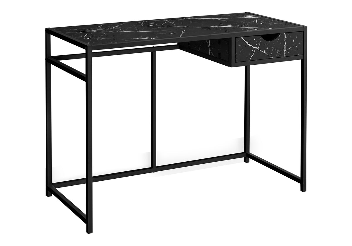 Computer Desk, Home Office, Laptop, Storage Drawer, 42"l, Work, Black Marble Look Laminate, Black Metal, Contemporary, Modern