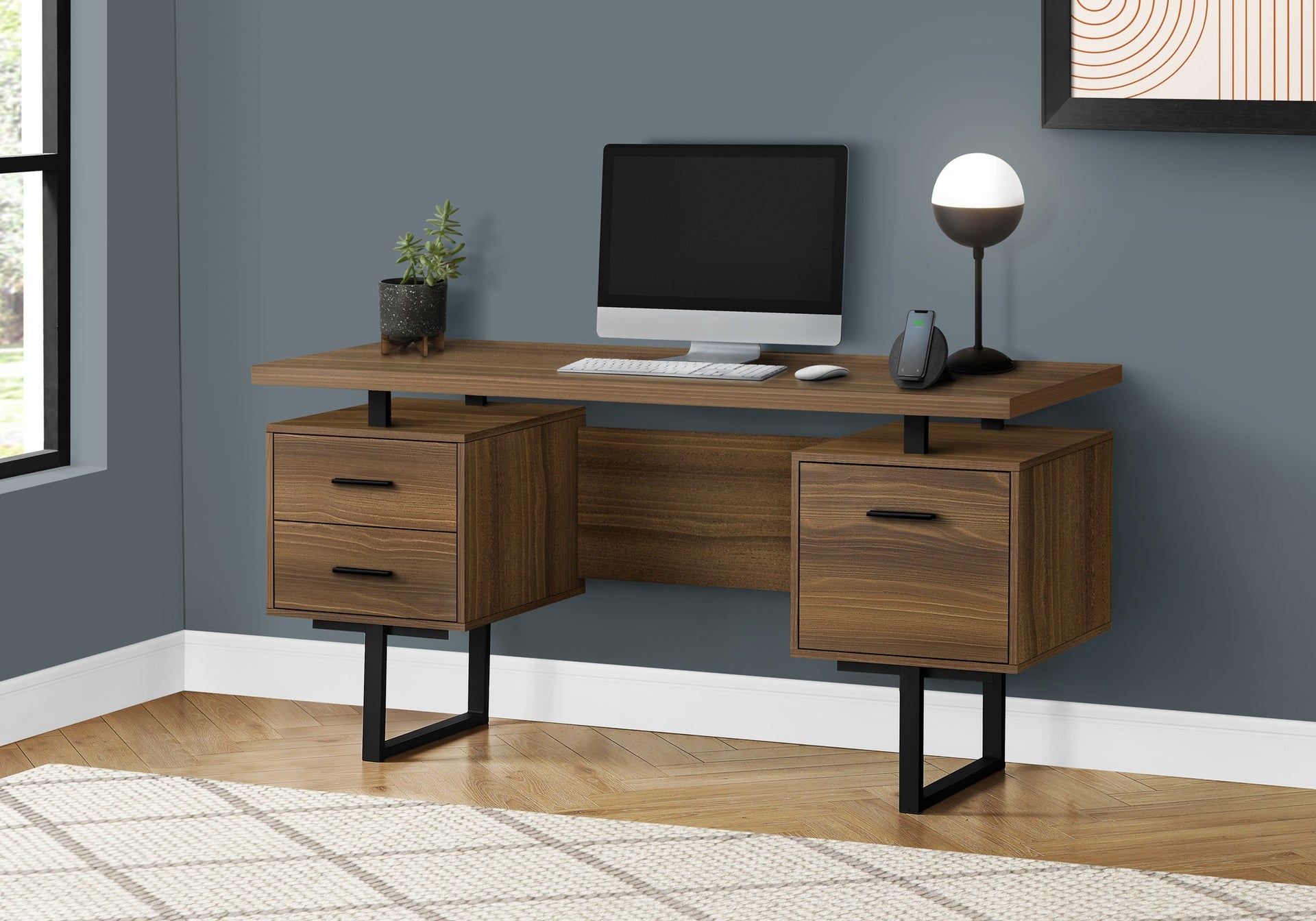 Computer Desk, Home Office, Laptop, Left, Right Set-up, Storage Drawers, 60"l, Work, Walnut Laminate, Black Metal, Contemporary, Modern