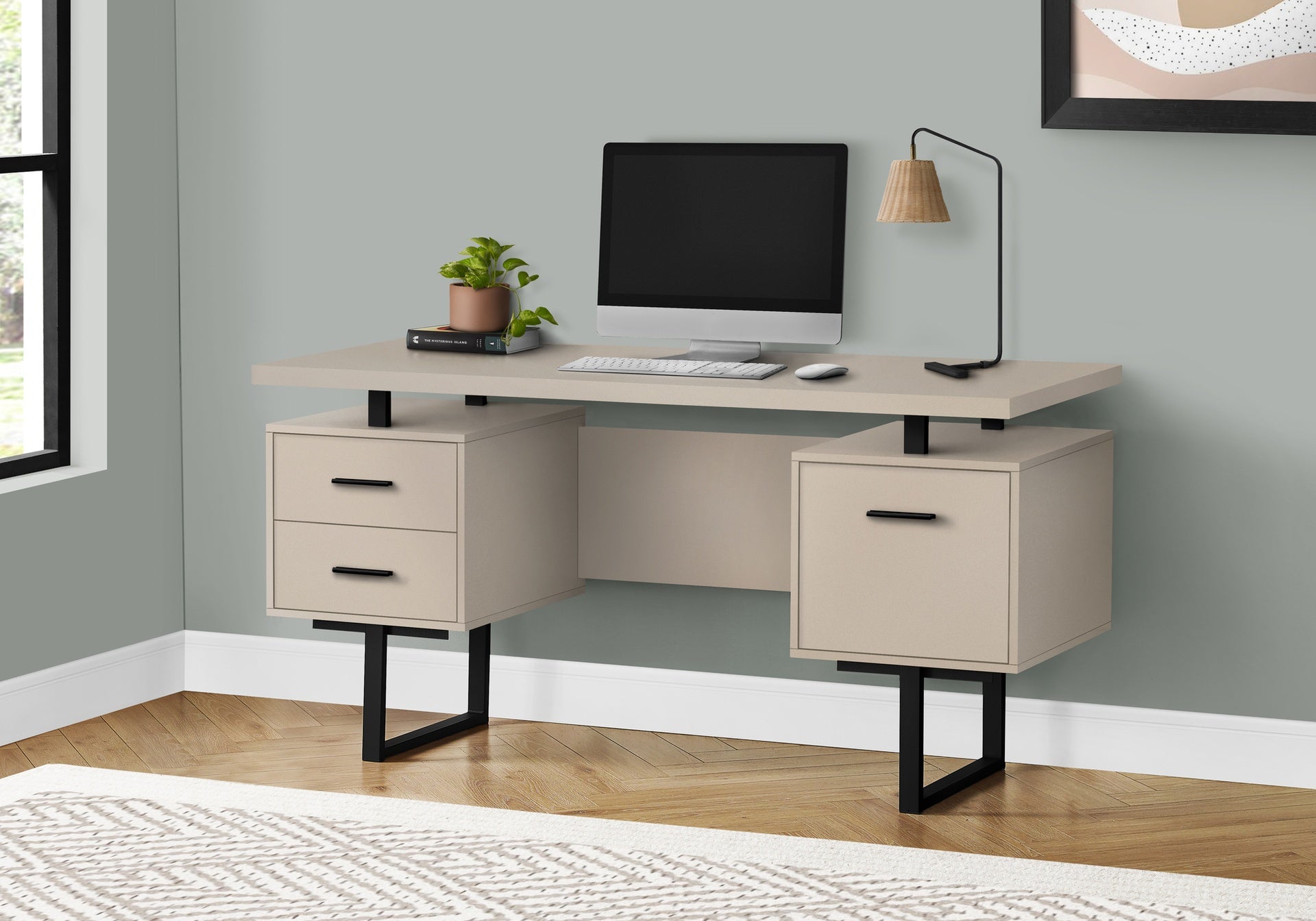 Computer Desk, Home Office, Laptop, Left, Right Set-up, Storage Drawers, 60"l, Work, Beige Laminate, Black Metal, Contemporary, Modern