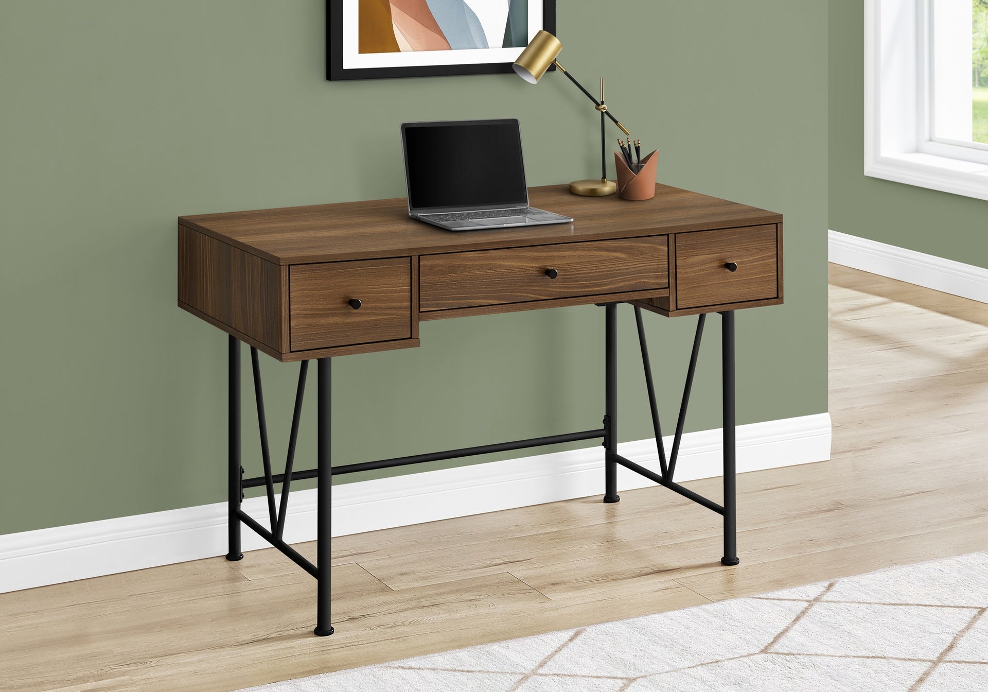 Computer Desk, Home Office, Laptop, Storage Drawers, 48"l, Work, Walnut Laminate, Black Metal, Transitional