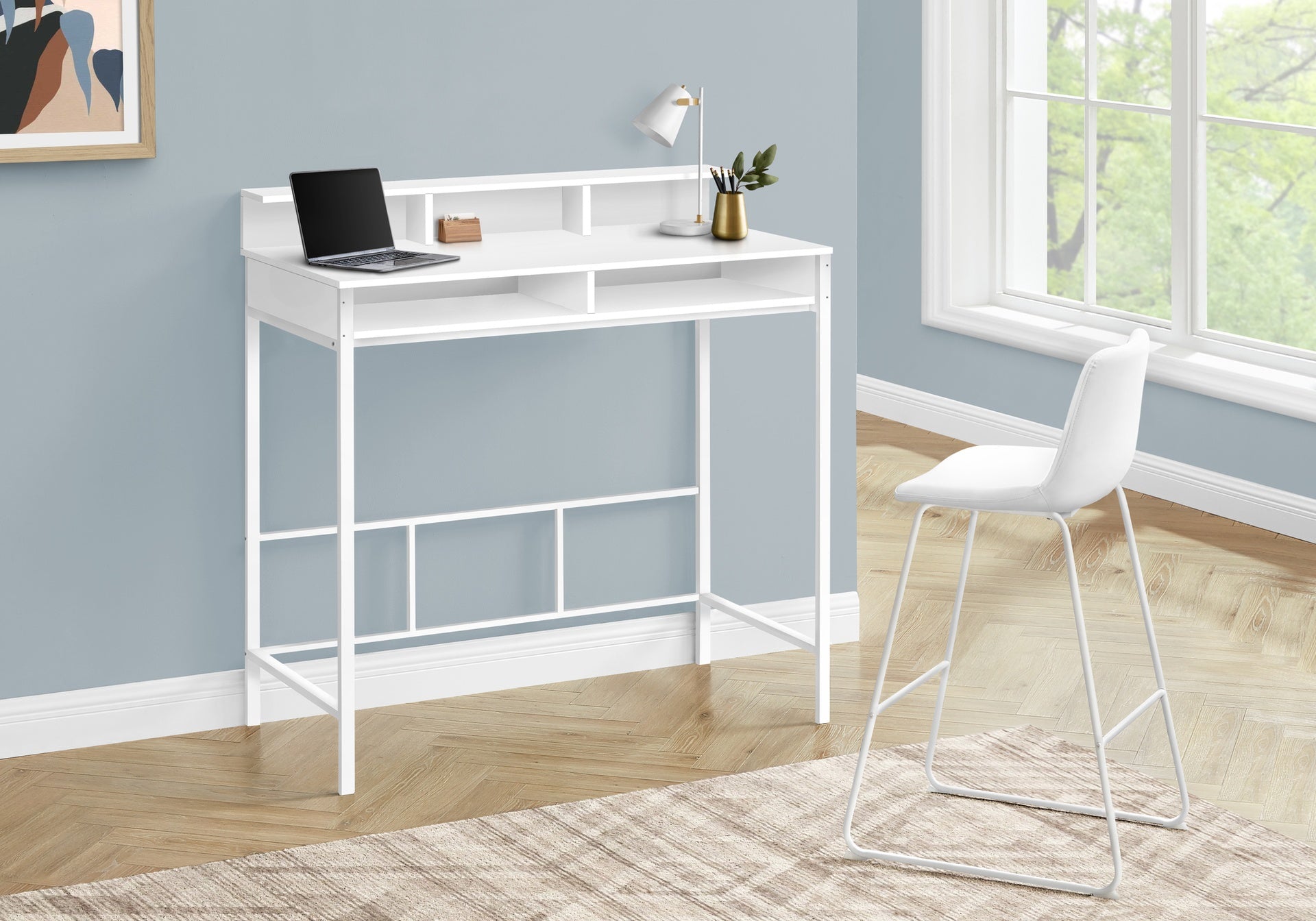 Computer Desk, Home Office, Standing, Storage Shelves, 48"l, Work, Laptop, White Laminate, White Metal, Contemporary, Modern