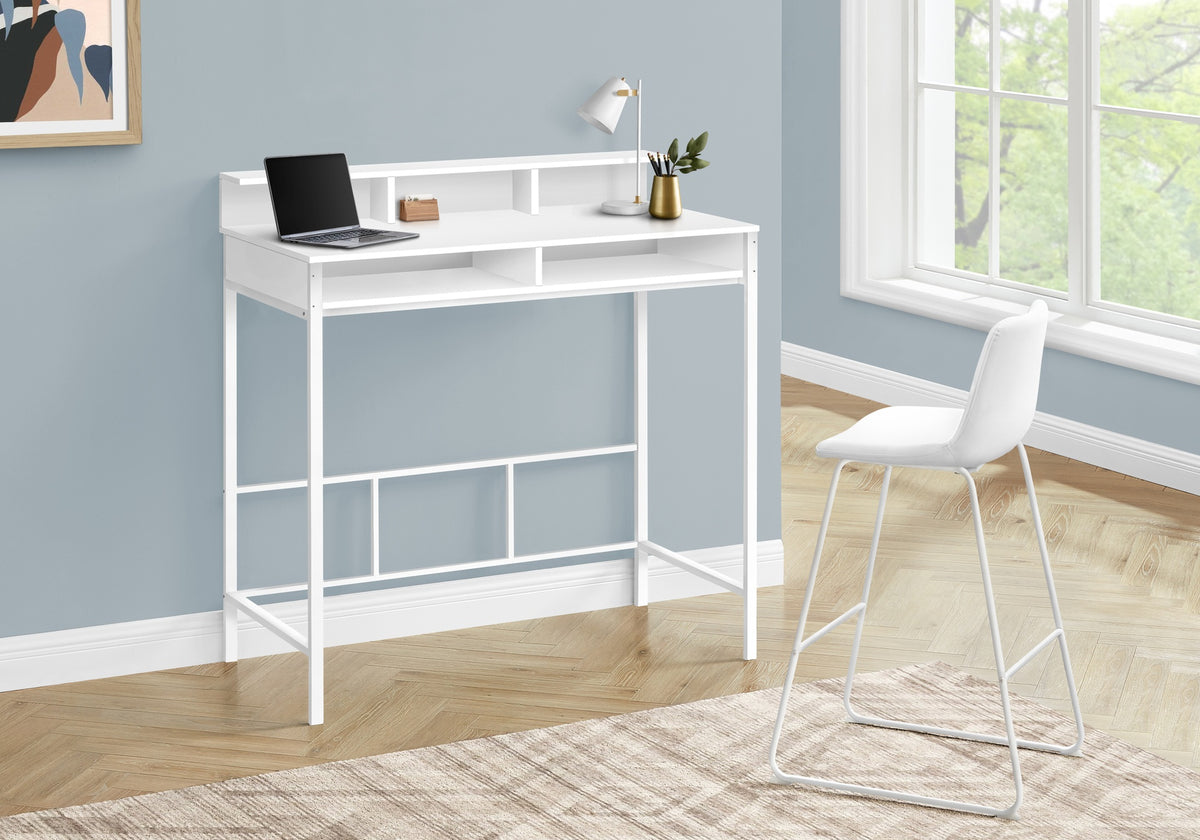 Computer Desk, Home Office, Standing, Storage Shelves, 48"l, Work, Laptop, White Laminate, White Metal, Contemporary, Modern