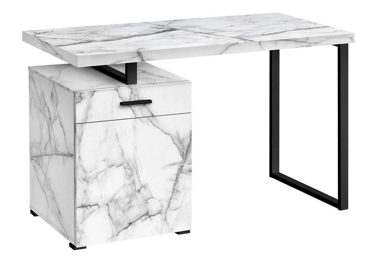 Computer Desk, Home Office, Laptop, Left, Right Set-up, Storage Drawers, 48"l, Work, White Marble Look Laminate, Black Metal, Contemporary, Modern