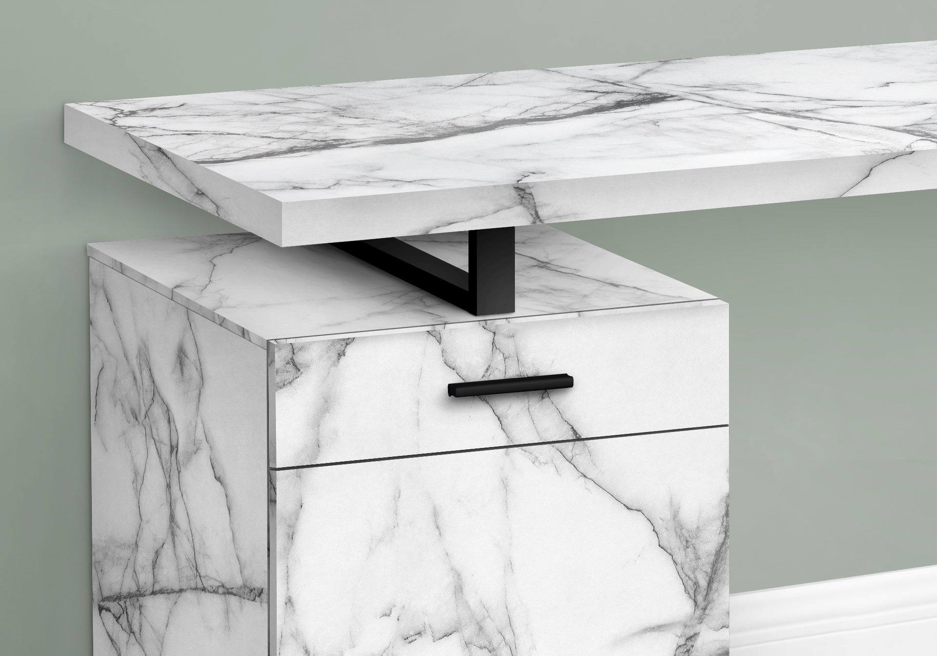 Computer Desk, Home Office, Laptop, Left, Right Set-up, Storage Drawers, 48"l, Work, White Marble Look Laminate, Black Metal, Contemporary, Modern