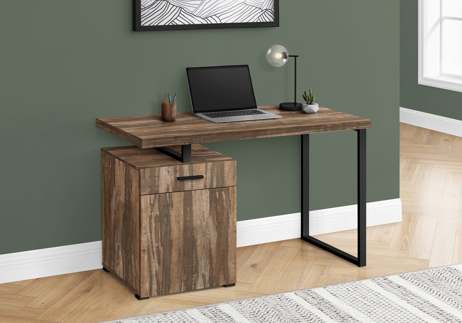 Computer Desk, Home Office, Laptop, Left, Right Set-up, Storage Drawers, 48"l, Work, Brown Laminate, Black Metal, Contemporary, Modern