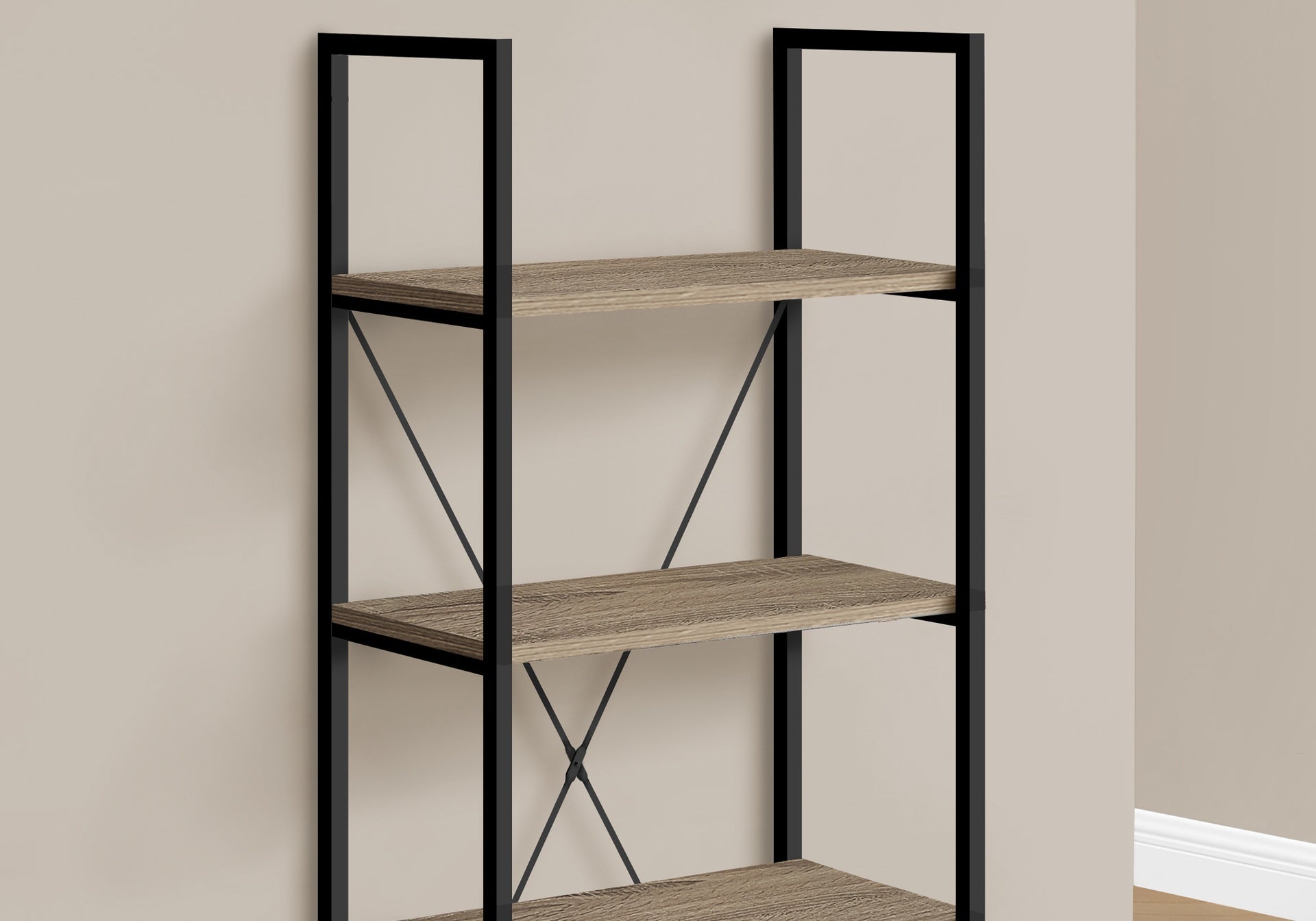 Bookshelf, Bookcase, 4 Tier, 48"h, Office, Bedroom, Brown Laminate, Black Metal, Contemporary, Modern