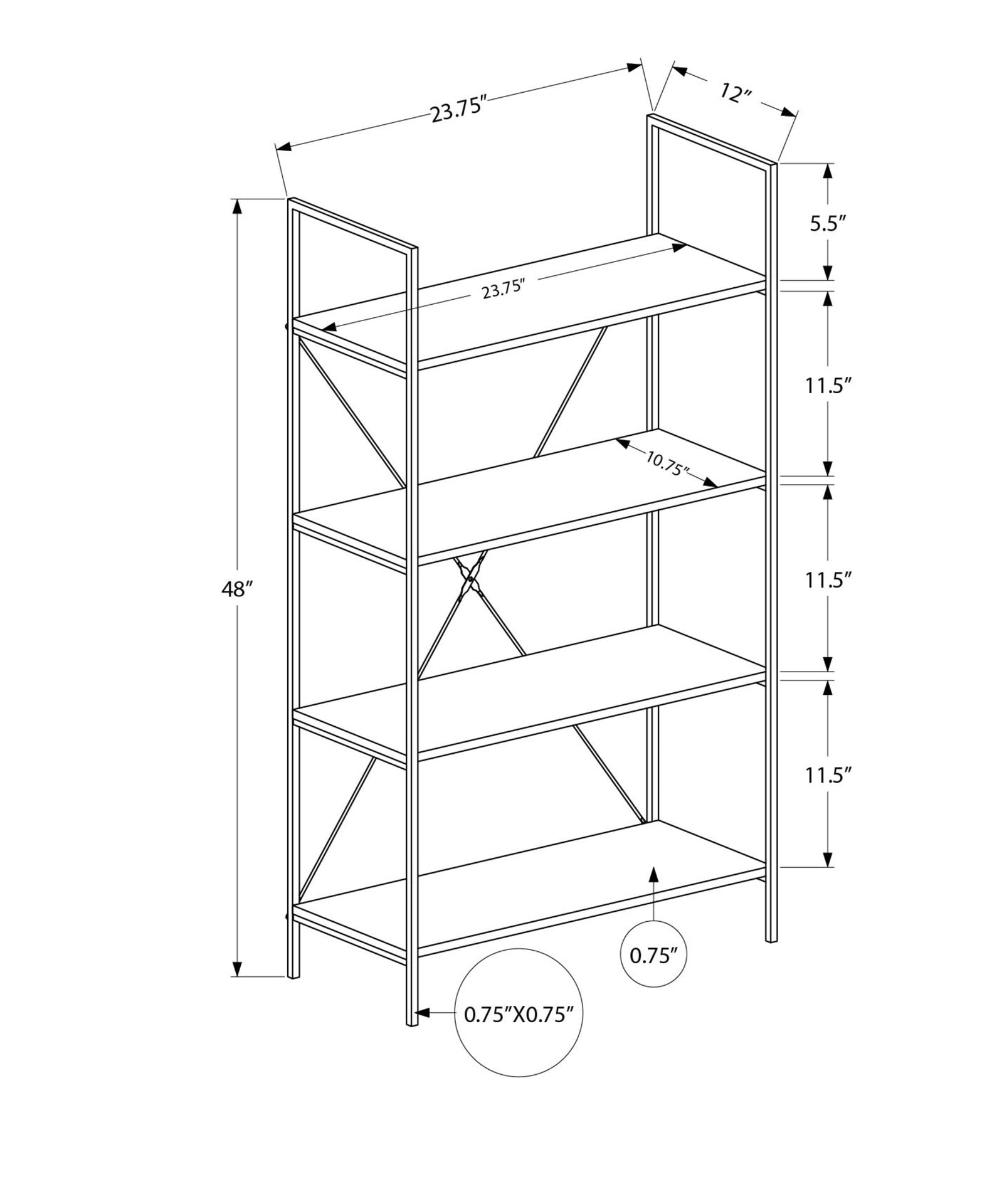 Bookshelf, Bookcase, 4 Tier, 48"h, Office, Bedroom, Brown Laminate, Black Metal, Contemporary, Modern