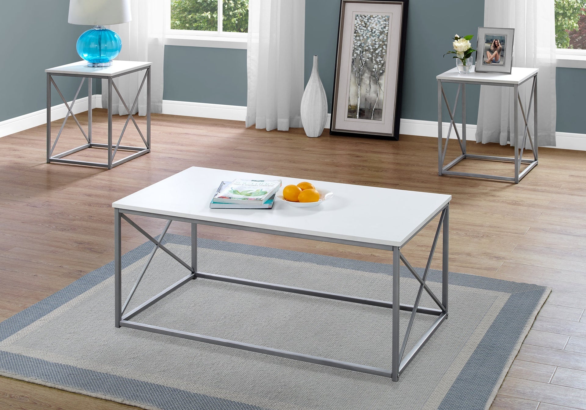 Table Set, 3pcs Set, Coffee, End, Side, Accent, Living Room, White Laminate, Grey Metal, Contemporary, Modern