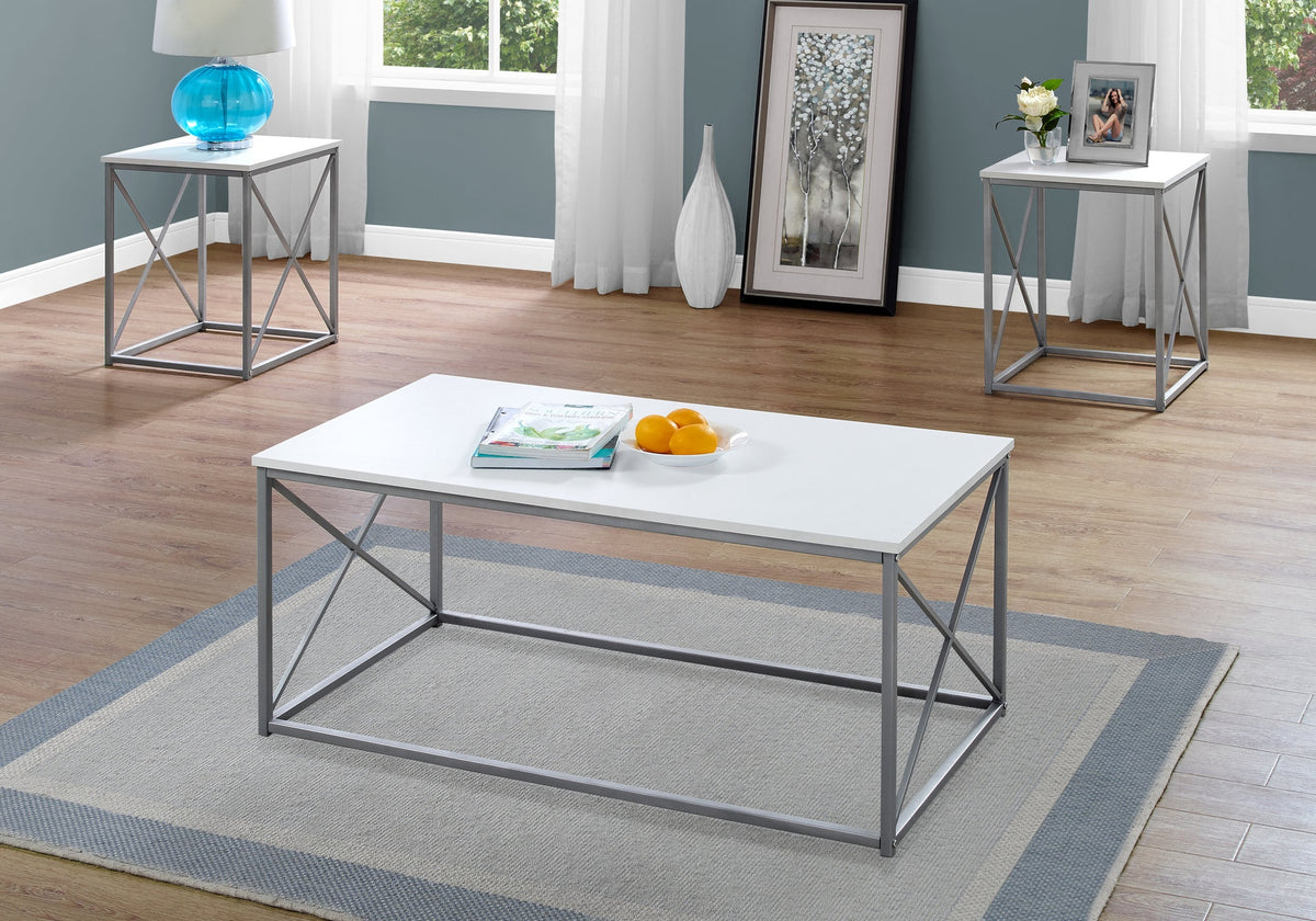 Table Set, 3pcs Set, Coffee, End, Side, Accent, Living Room, White Laminate, Grey Metal, Contemporary, Modern