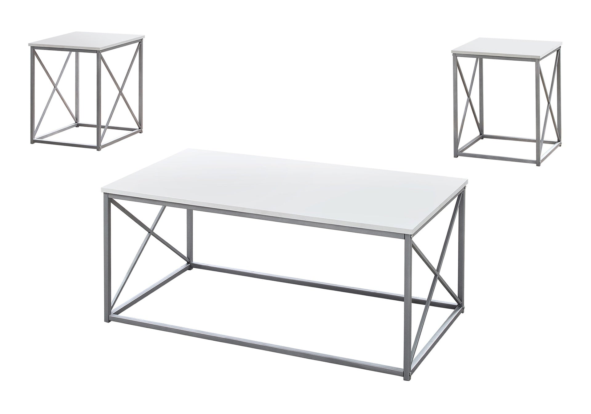 Table Set, 3pcs Set, Coffee, End, Side, Accent, Living Room, White Laminate, Grey Metal, Contemporary, Modern