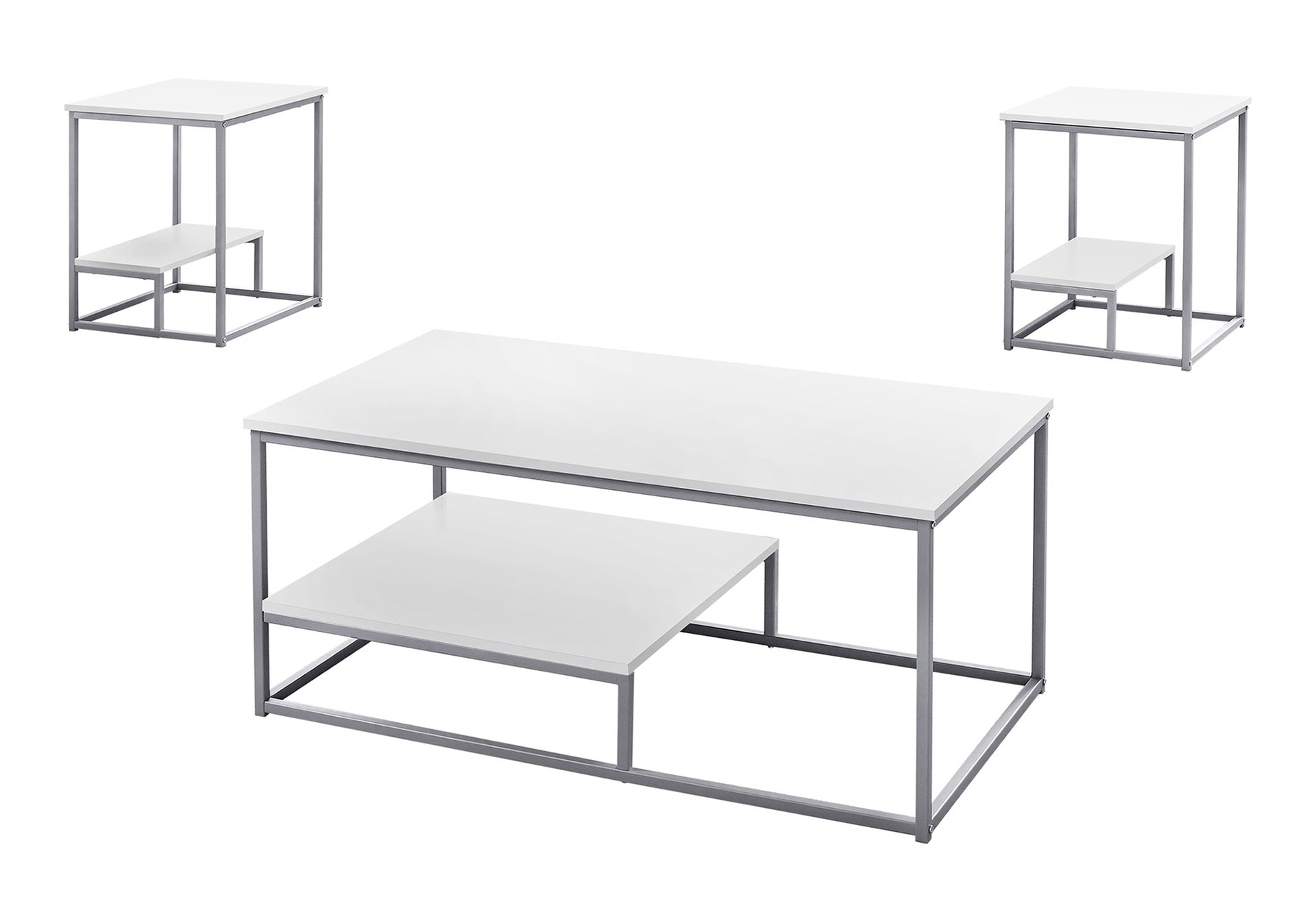 Table Set, 3pcs Set, Coffee, End, Side, Accent, Living Room, White Laminate, Grey Metal, Contemporary, Modern