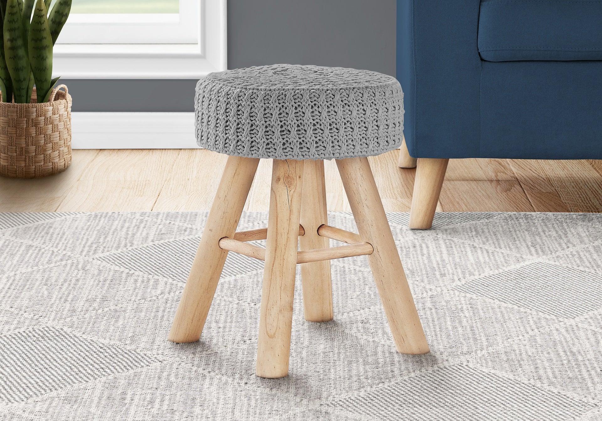 Ottoman, Pouf, Footrest, Foot Stool, 12" Round, Grey Velvet, Natural Wood Legs, Contemporary, Modern