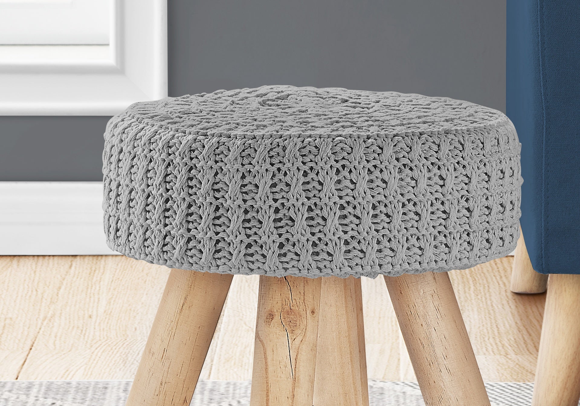 Ottoman, Pouf, Footrest, Foot Stool, 12" Round, Grey Velvet, Natural Wood Legs, Contemporary, Modern