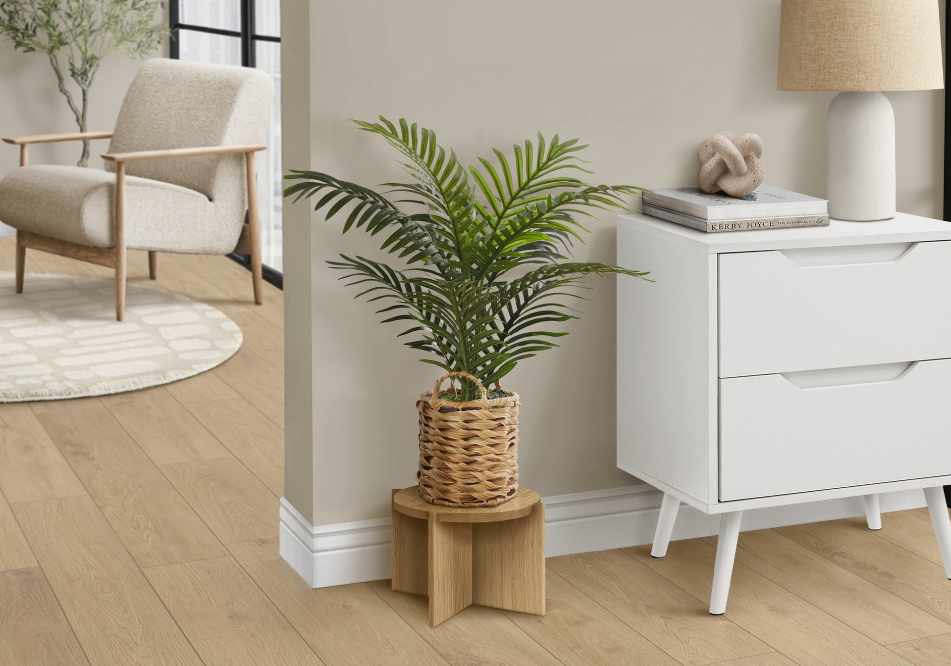 Artificial Plant, 24" Tall, Palm, Indoor, Faux, Fake, Table, Floor, Greenery, Potted, Real Touch, Decorative, Green Leaves, Beige Woven Basket