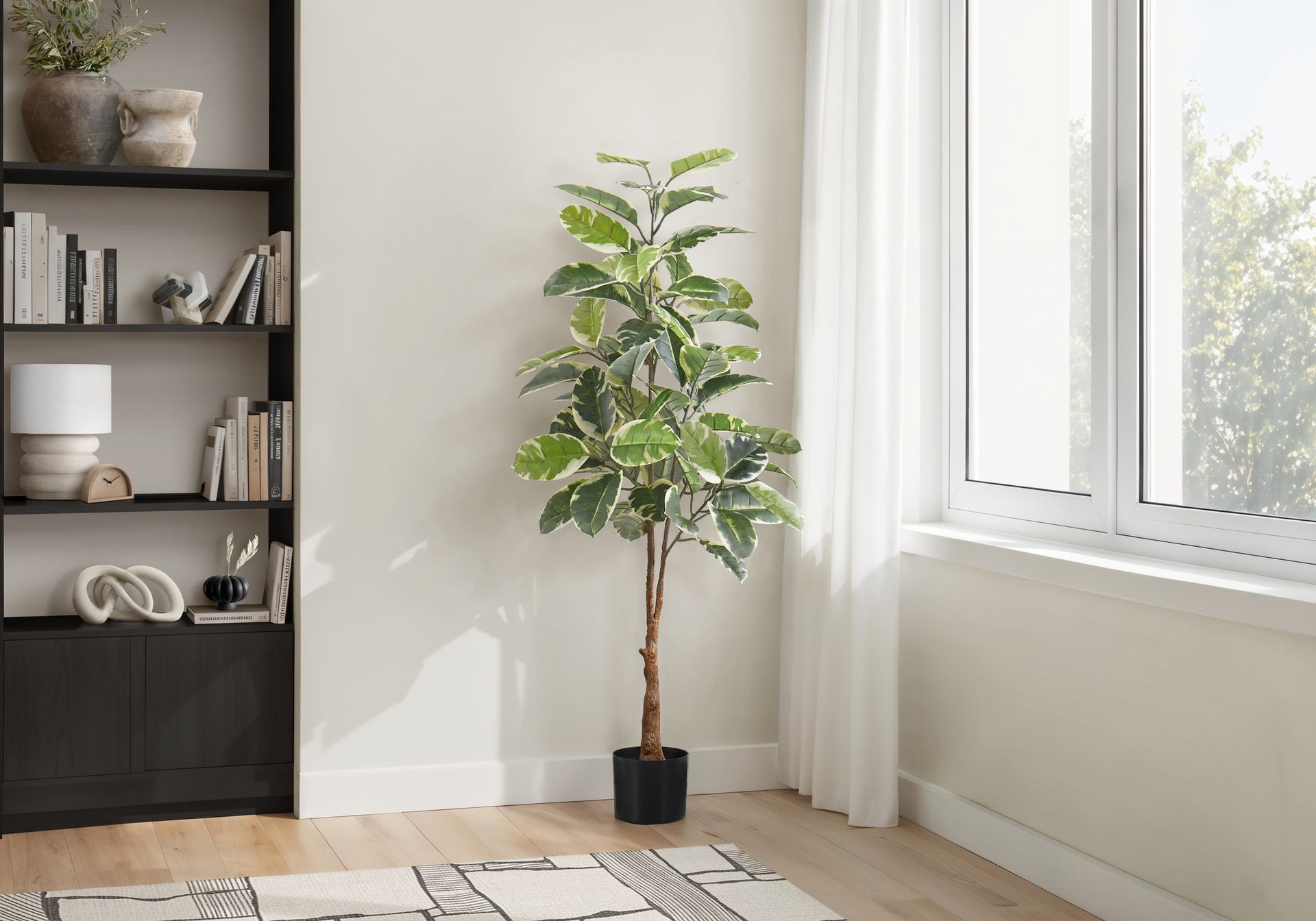 Artificial Plant, 52" Tall, Rubber Tree, Indoor, Faux, Fake, Floor, Greenery, Potted, Real Touch, Decorative, Green Leaves, Black Pot