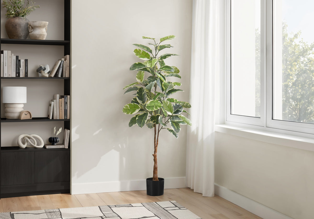 Artificial Plant, 52" Tall, Rubber Tree, Indoor, Faux, Fake, Floor, Greenery, Potted, Real Touch, Decorative, Green Leaves, Black Pot