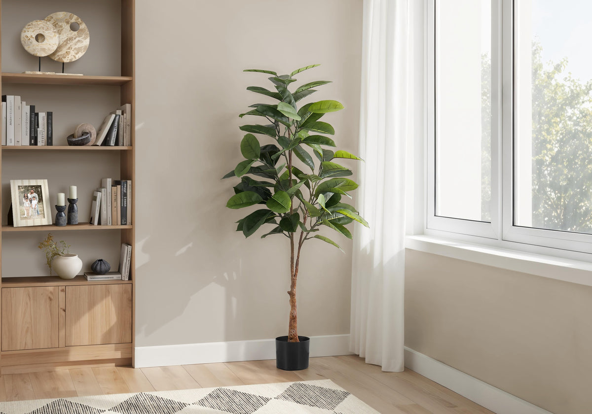 Artificial Plant, 52" Tall, Rubber Tree, Indoor, Faux, Fake, Floor, Greenery, Potted, Real Touch, Decorative, Green Leaves, Black Pot