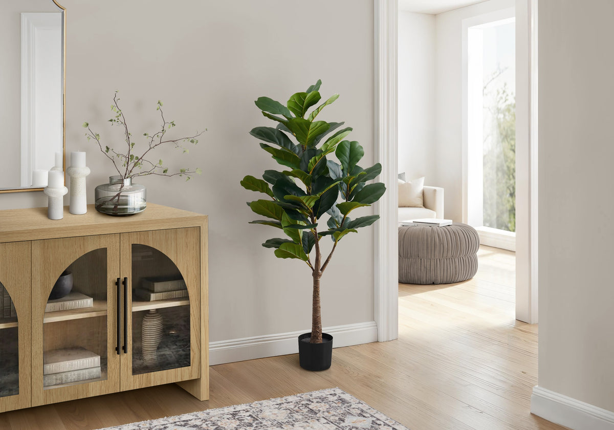 Artificial Plant, 47" Tall, Fiddle Tree, Indoor, Faux, Fake, Floor, Greenery, Potted, Real Touch, Decorative, Green Leaves, Black Pot