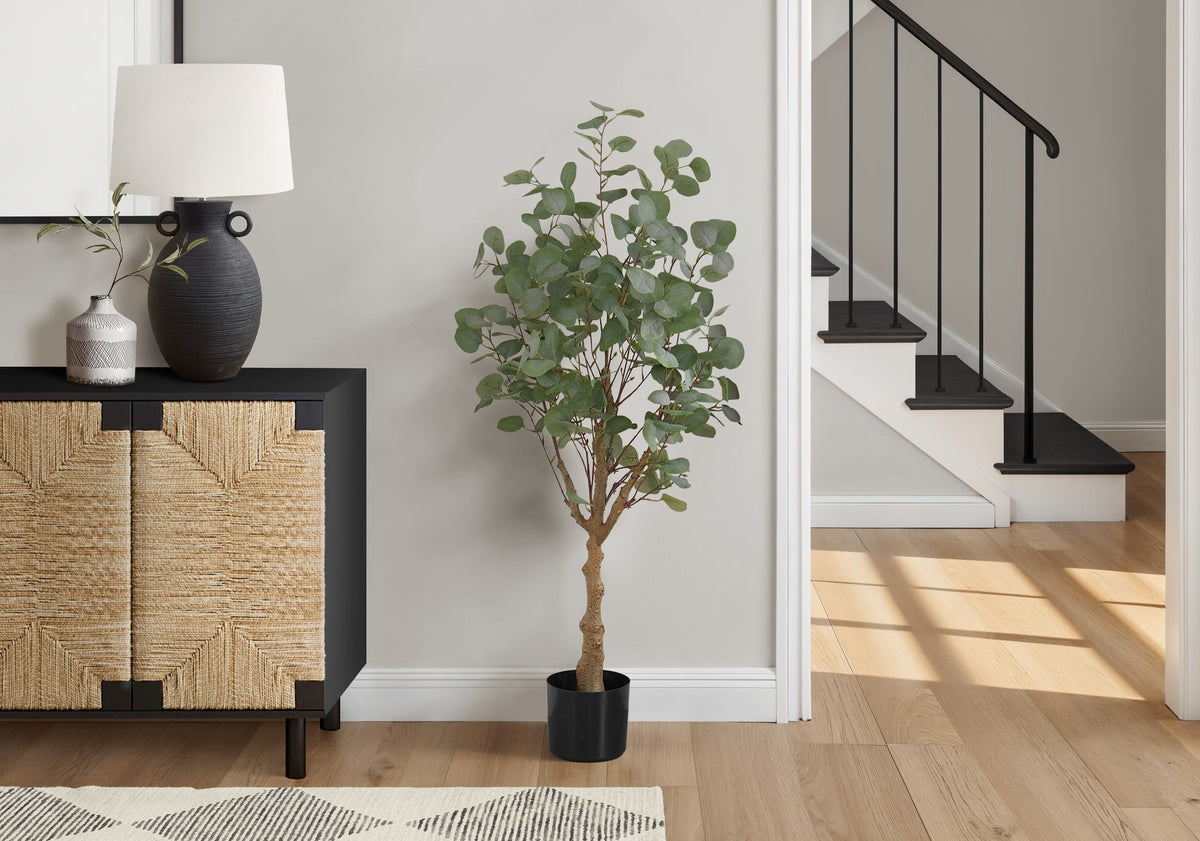 Artificial Plant, 46" Tall, Eucalyptus Tree, Indoor, Faux, Fake, Floor, Greenery, Potted, Decorative, Green Leaves, Black Pot