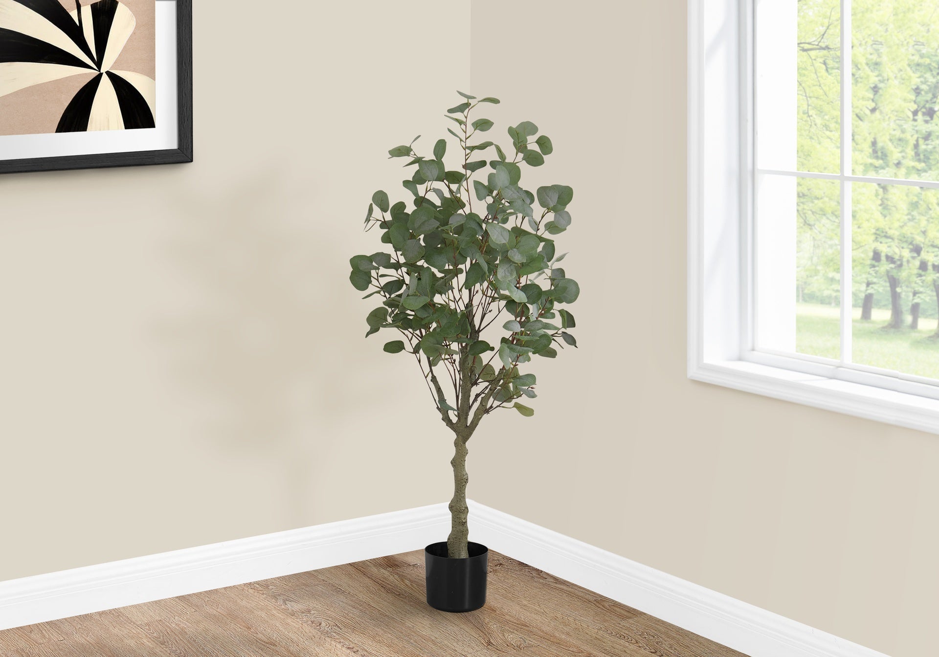 Artificial Plant, 46" Tall, Eucalyptus Tree, Indoor, Faux, Fake, Floor, Greenery, Potted, Decorative, Green Leaves, Black Pot