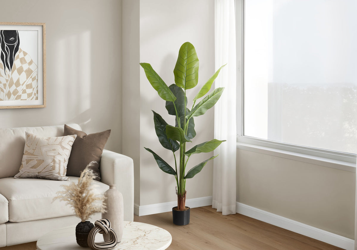 Artificial Plant, 59" Tall, Strelitzia Tree, Indoor, Faux, Fake, Floor, Greenery, Potted, Real Touch, Decorative, Green Leaves, Black Pot