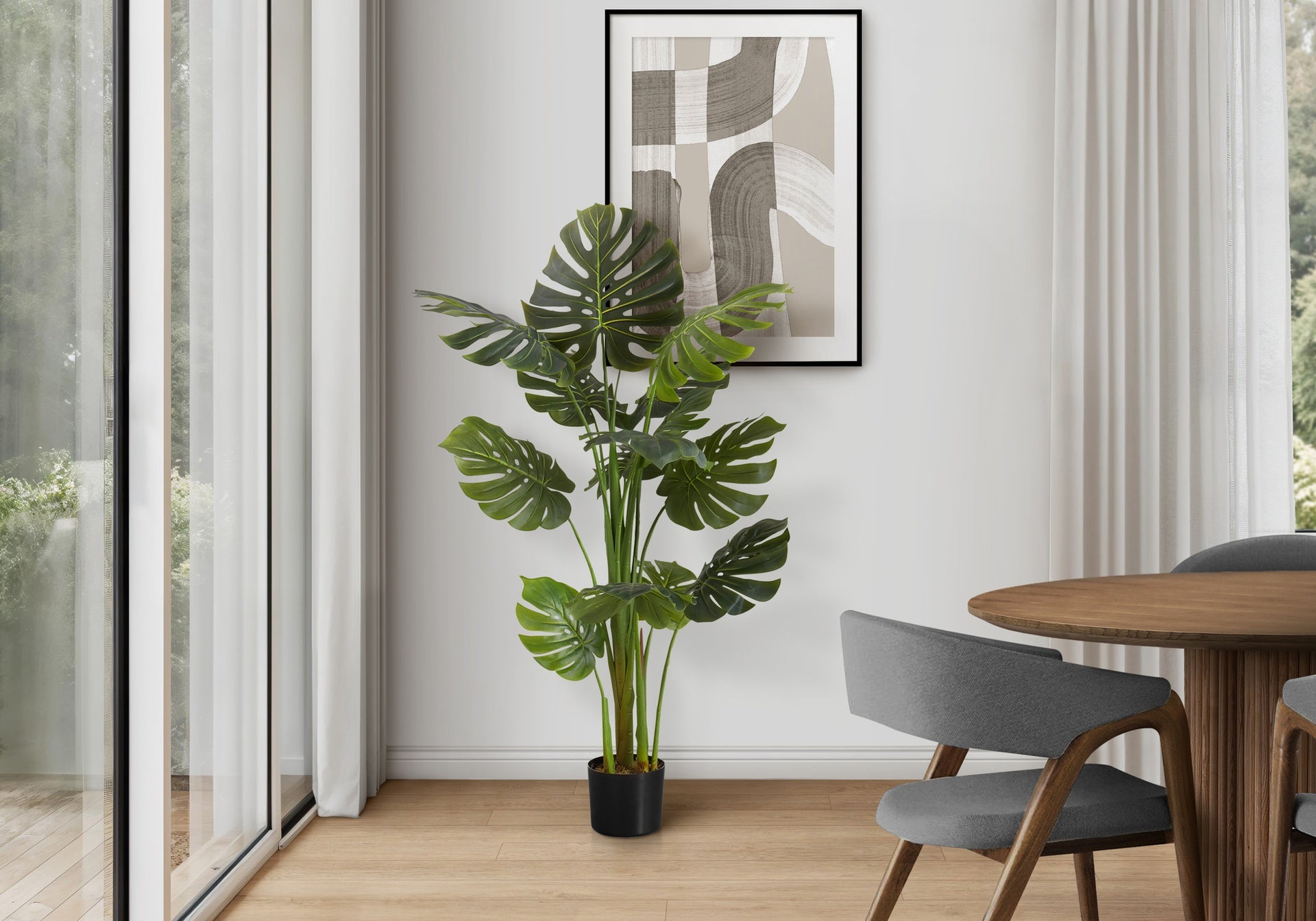 Artificial Plant, 55" Tall, Monstera Tree, Indoor, Faux, Fake, Floor, Greenery, Potted, Real Touch, Decorative, Green Leaves, Black Pot