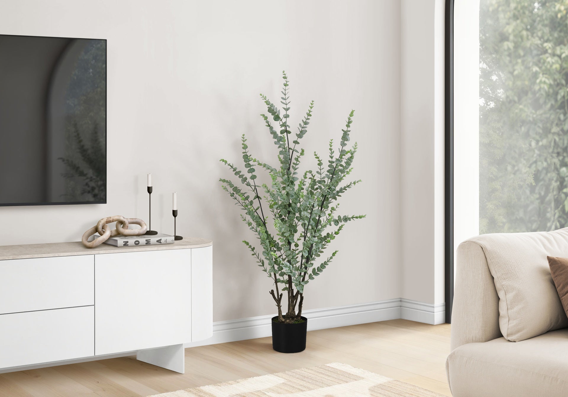 Artificial Plant, 44" Tall, Eucalyptus Tree, Indoor, Faux, Fake, Floor, Greenery, Potted, Real Touch, Decorative, Green Leaves, Black Pot