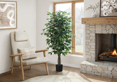 Artificial Plant, 58" Tall, Ficus Tree, Indoor, Faux, Fake, Floor, Greenery, Potted, Decorative, Green Leaves, Black Pot