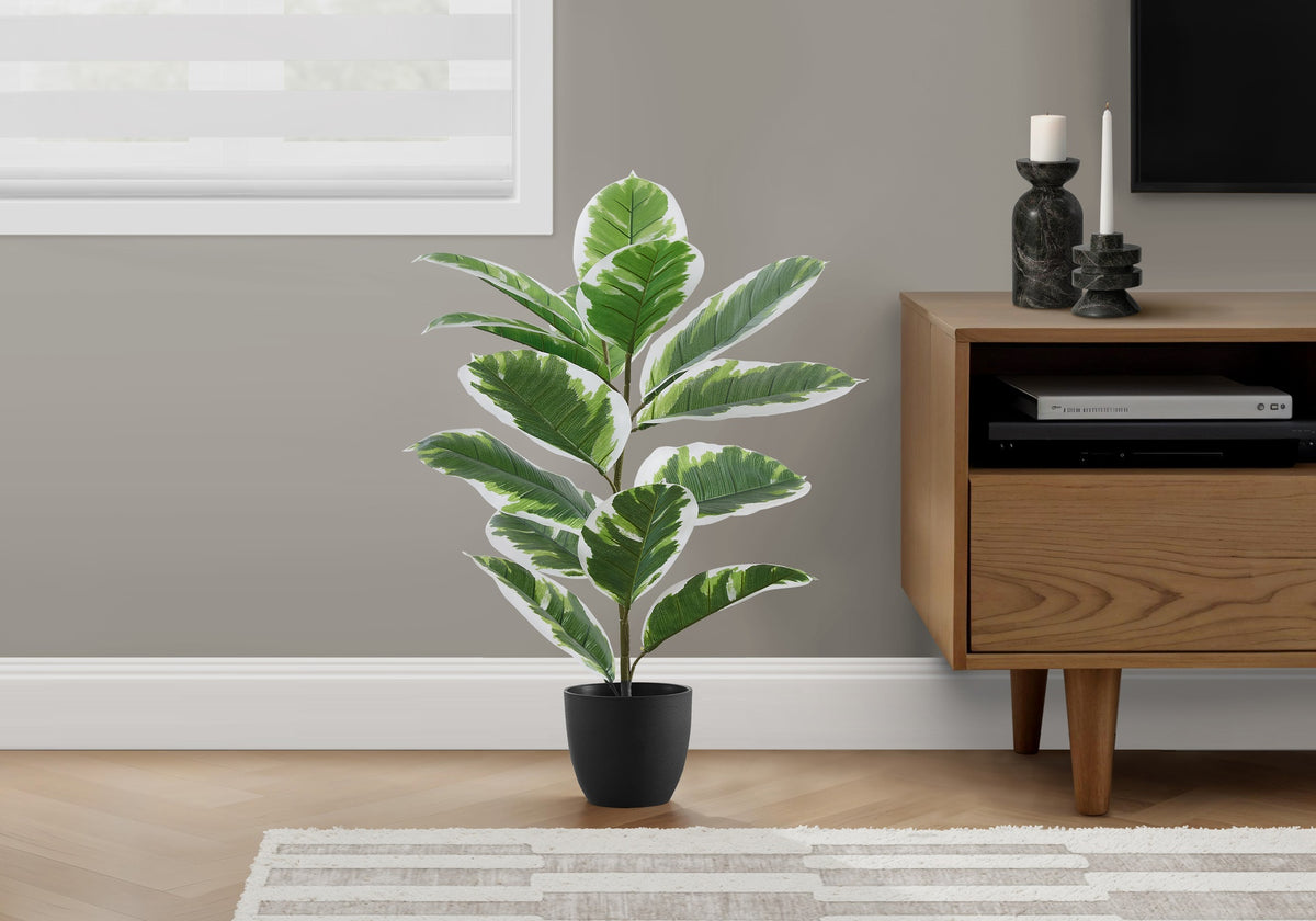 Artificial Plant, 27" Tall, Rubber, Indoor, Faux, Fake, Table, Greenery, Potted, Real Touch, Decorative, Green Leaves, Black Pot