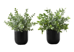 Artificial Plant, 11" Tall, Eucalyptus Grass, Indoor, Faux, Fake, Table, Greenery, Potted, Set Of 2, Decorative, Green Leaves, Black Pots