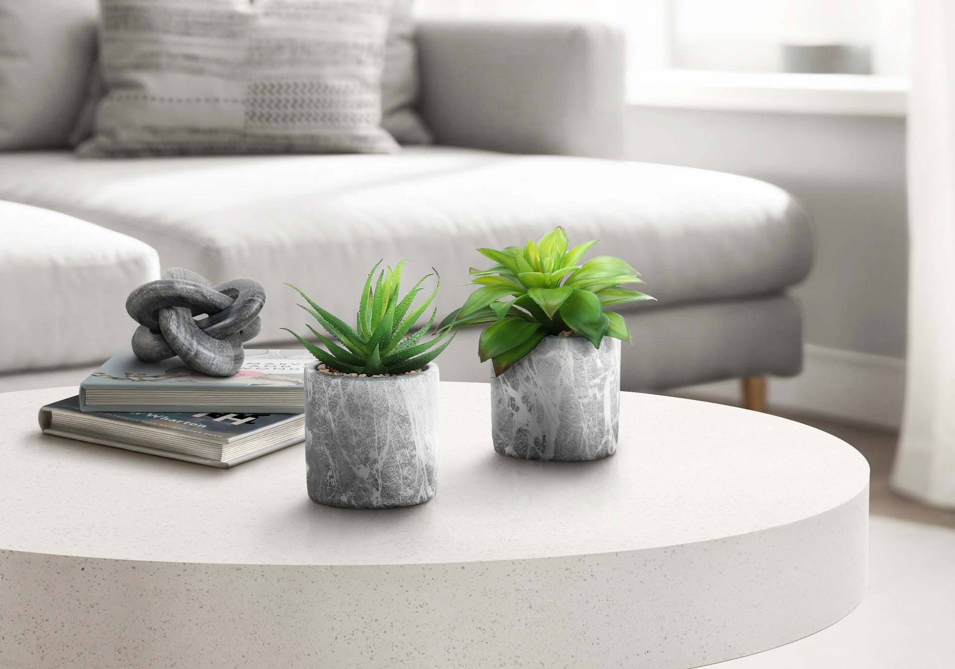 Artificial Plant, 6" Tall, Succulent, Indoor, Faux, Fake, Table, Greenery, Potted, Set Of 2, Decorative, Green Leaves, Grey Cement Pots