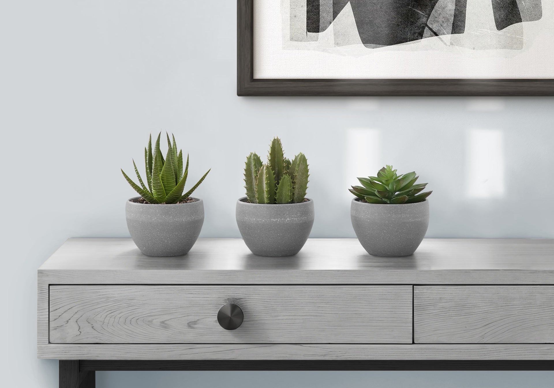 Artificial Plant, 6" Tall, Succulent, Indoor, Faux, Fake, Table, Greenery, Potted, Set Of 3, Decorative, Green Plants, Grey Cement Pots