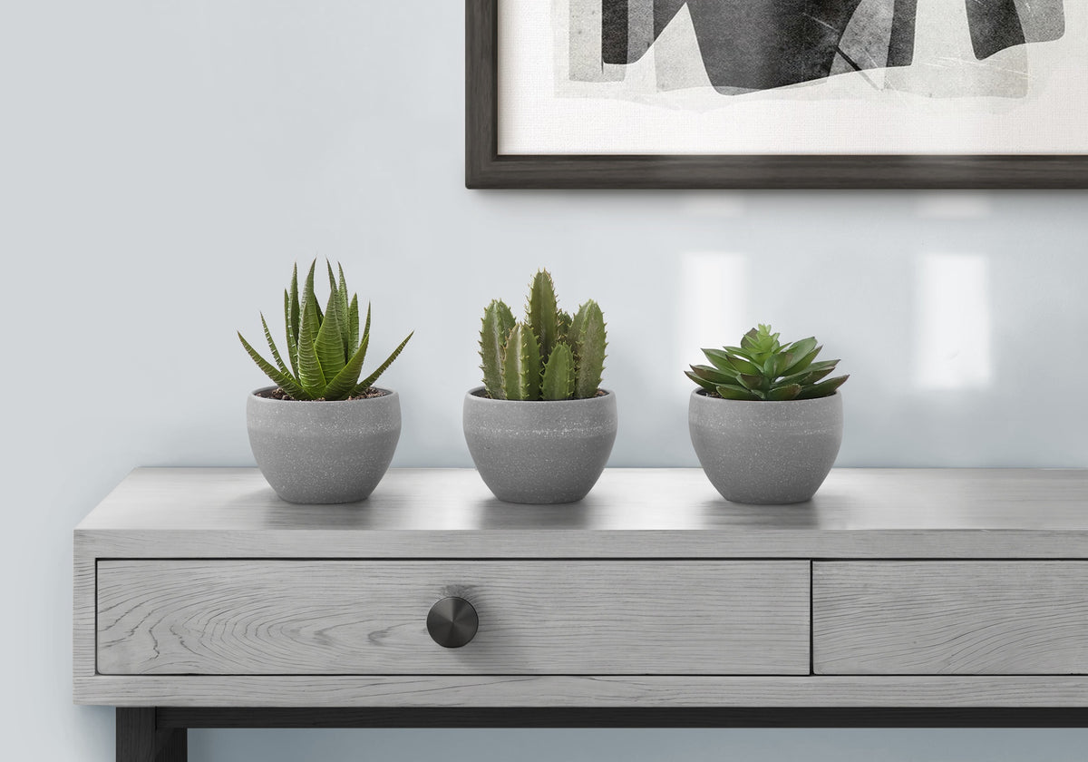 Artificial Plant, 6" Tall, Succulent, Indoor, Faux, Fake, Table, Greenery, Potted, Set Of 3, Decorative, Green Plants, Grey Cement Pots